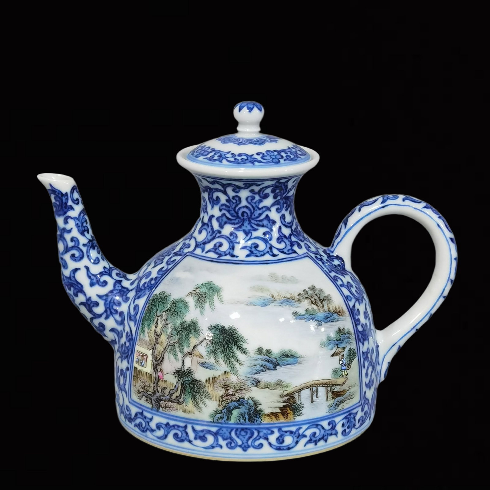A Exquisite Blue and White Famille-RoseLandscape Pattern Figure Pattern with poem Teapot: A Exquisite Blue and White Famille-Rose Landscape Figure Pattern with poem Teapot ,Qing Dynasty, China, Qianlong Six-character Mark,Size 5.3inx7in