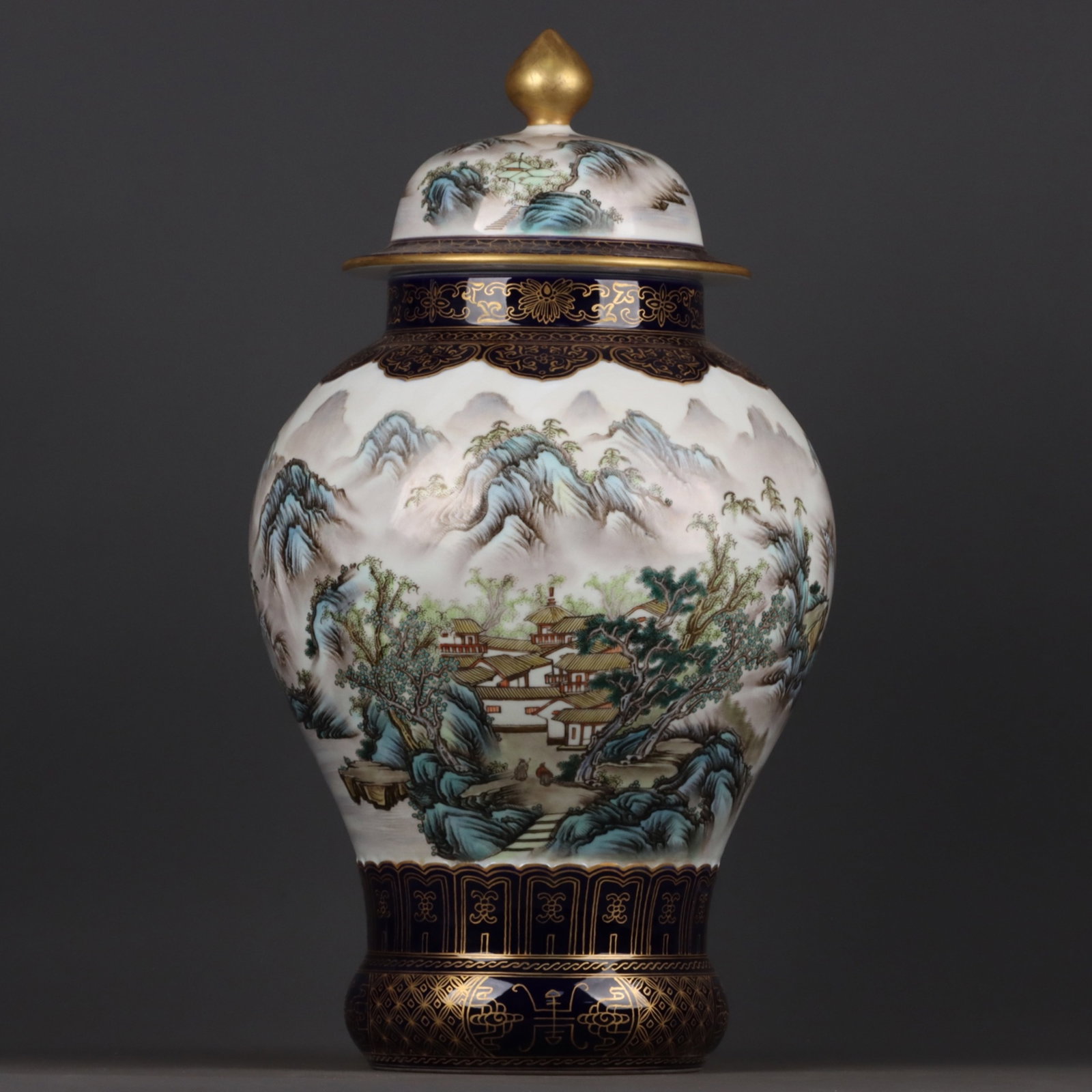 A Huge Enamel Gilt Landscape and Figure Pattern Cover Jar: A Huge Enamel Gilt Landscape and Figure Pattern Cover Jar,Qing Dynasty, China,Qianlong Six-character Mark,Size:20.1inx11in