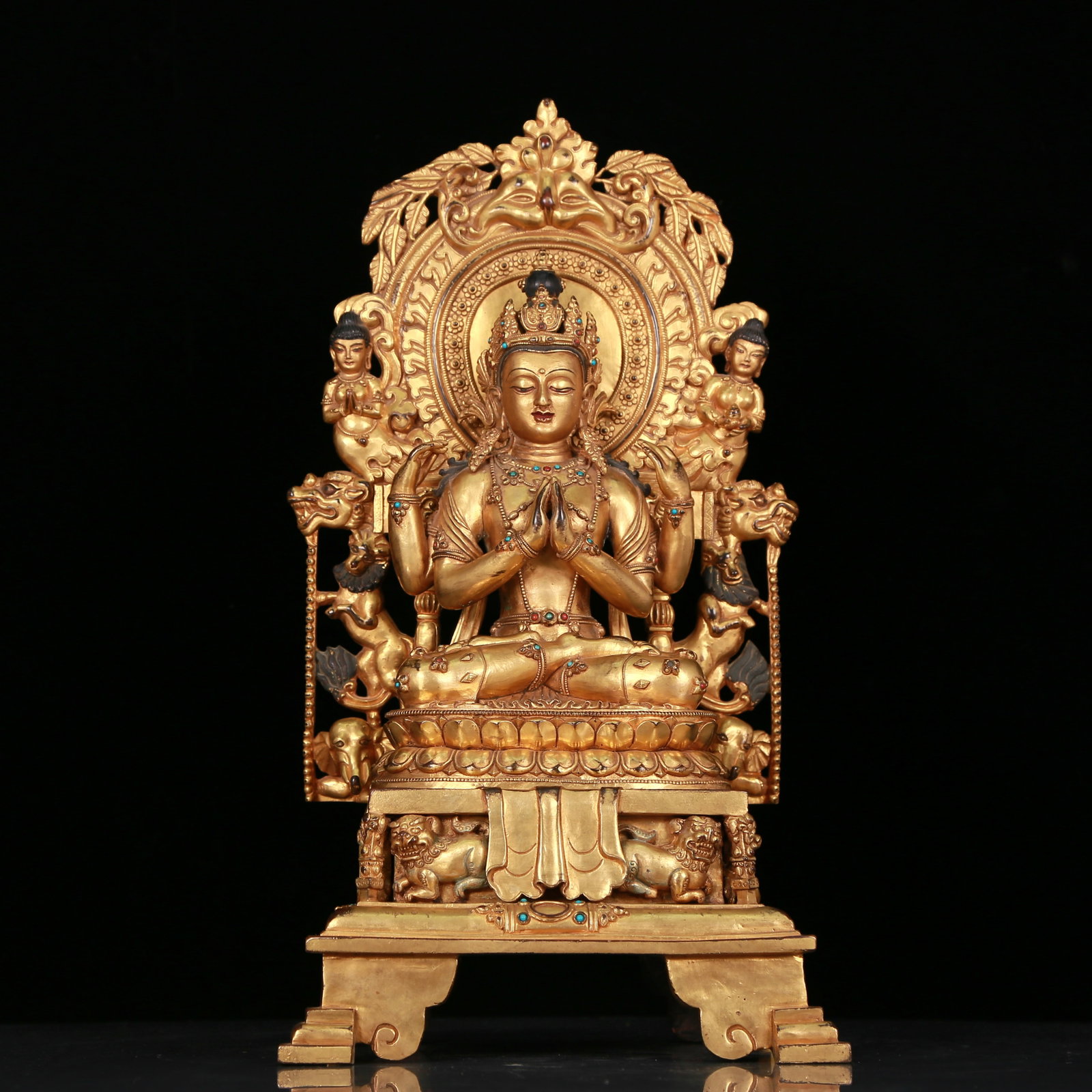A Fabulous Gilt-Bronze Gem-Inlaid Figure Of Four-Armed Avalokiteshvara: A Fabulous Gilt-Bronze Gem-Inlaid Figure Of Four-Armed Avalokiteshvara. Seated, hands clasped in an attitude of veneration, body adorned with jewelry ornaments, topknot surmounted by a splendid diadem