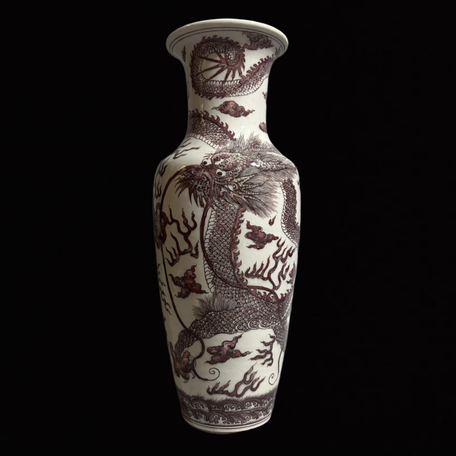 An Exquisite Underglaze-Red Auspicious Cloud and Dragon Pattern Vase: An Exquisite Underglaze-Red Auspicious Cloud and Dragon Pattern Vase,Qing Dynasty,China,With Mark,Size:14.4inx4.9in 釉里红祥云龙纹瓶,中国
