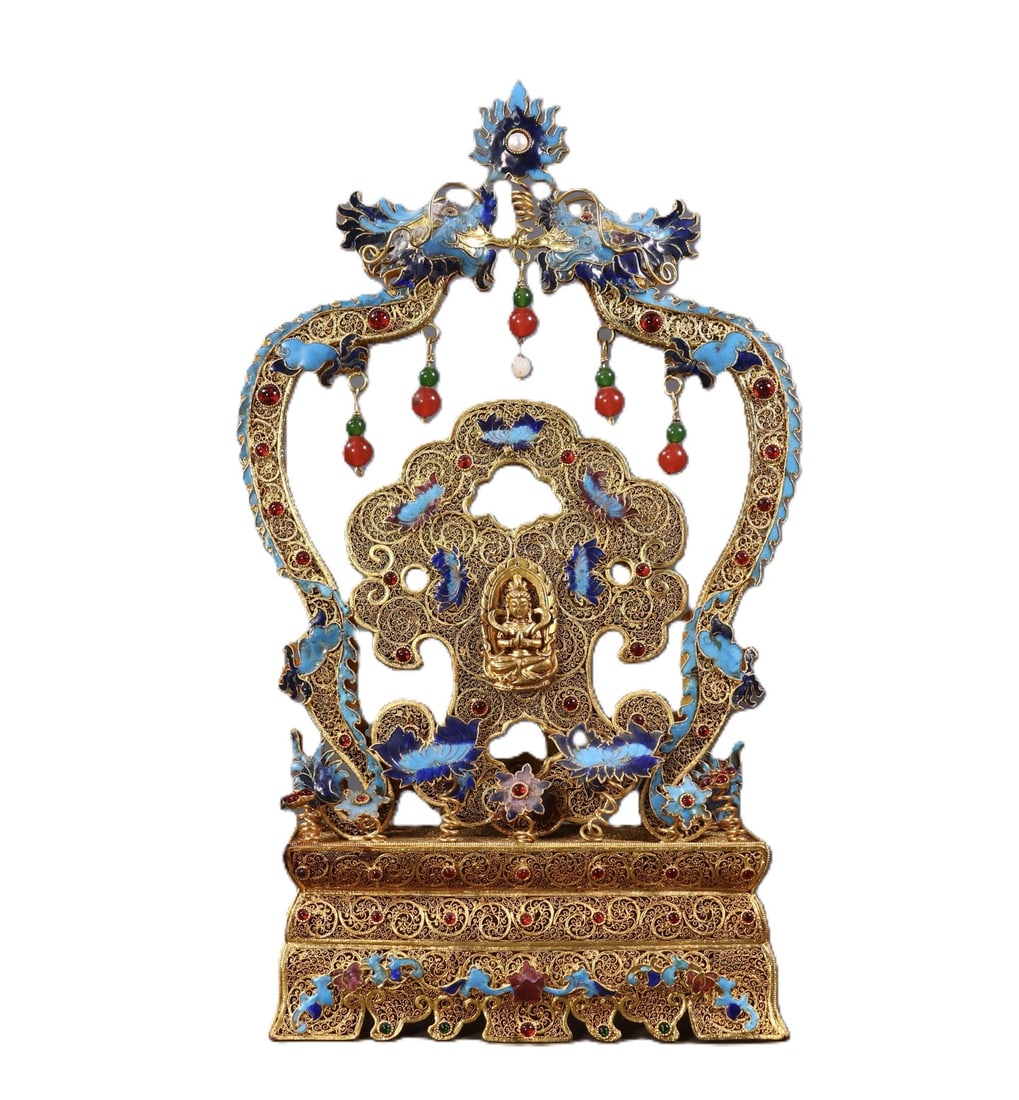 An Exquisite Filigree and Gilding Flower Pattern Screen,Inlaid Gems: An Exquisite Filigree and Gilding Flower Pattern Screen,Inlaid Gems,Qing Dynasty,China,Qianlong Four-character Mark,Size:15inx8.7inx3in,Weight:1355g 花丝鎏金花卉