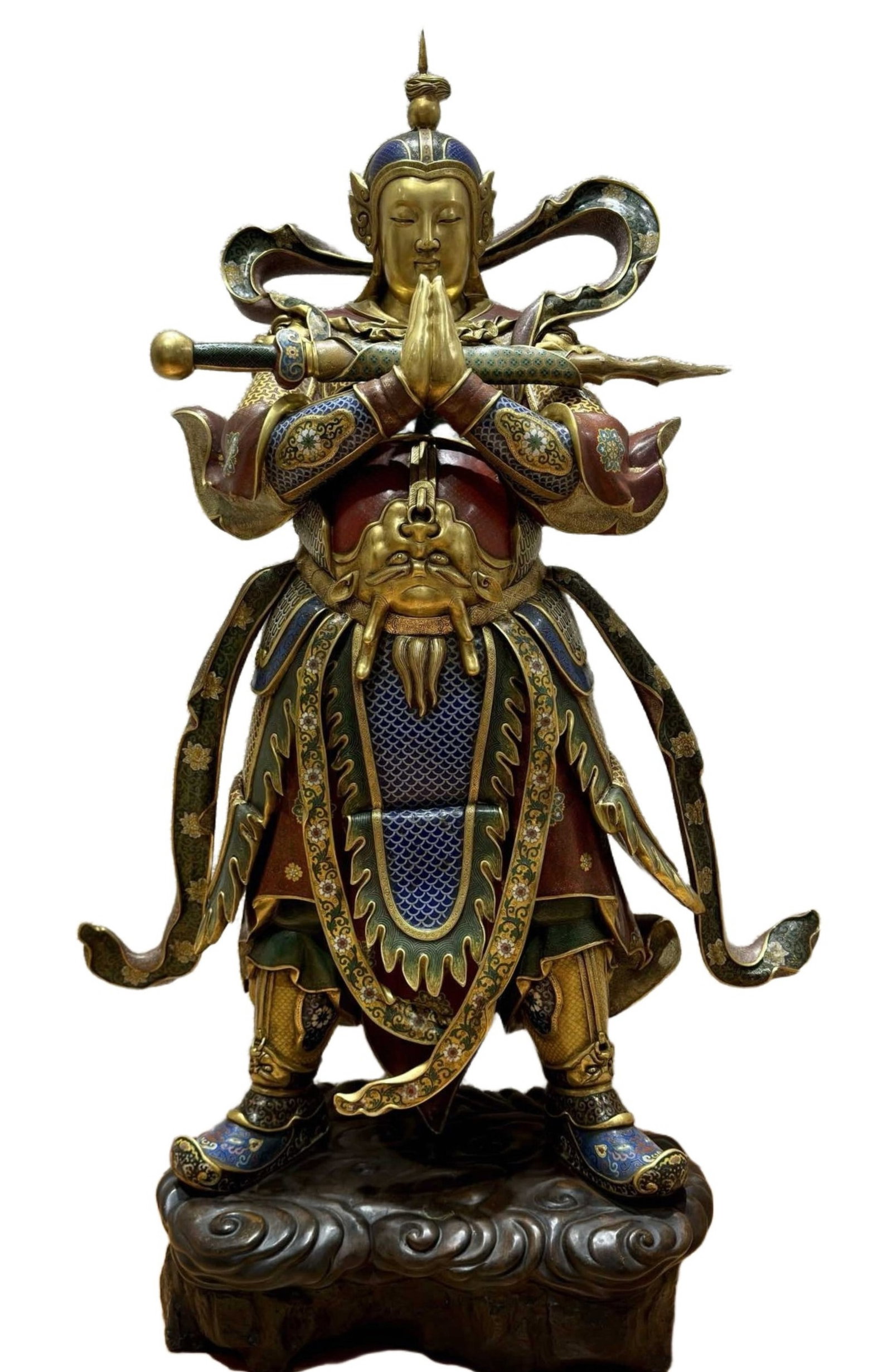A Huge Cloisonne Flower Pattern Statue of Skanda: A Huge Cloisonne Flower Pattern Statue of Skanda,Qing Dynasty,China,Qianlong Six-character Mark,Size:35.4inx13.8inxcmx55.1in,Weight:95kg 景泰蓝花卉纹韦陀