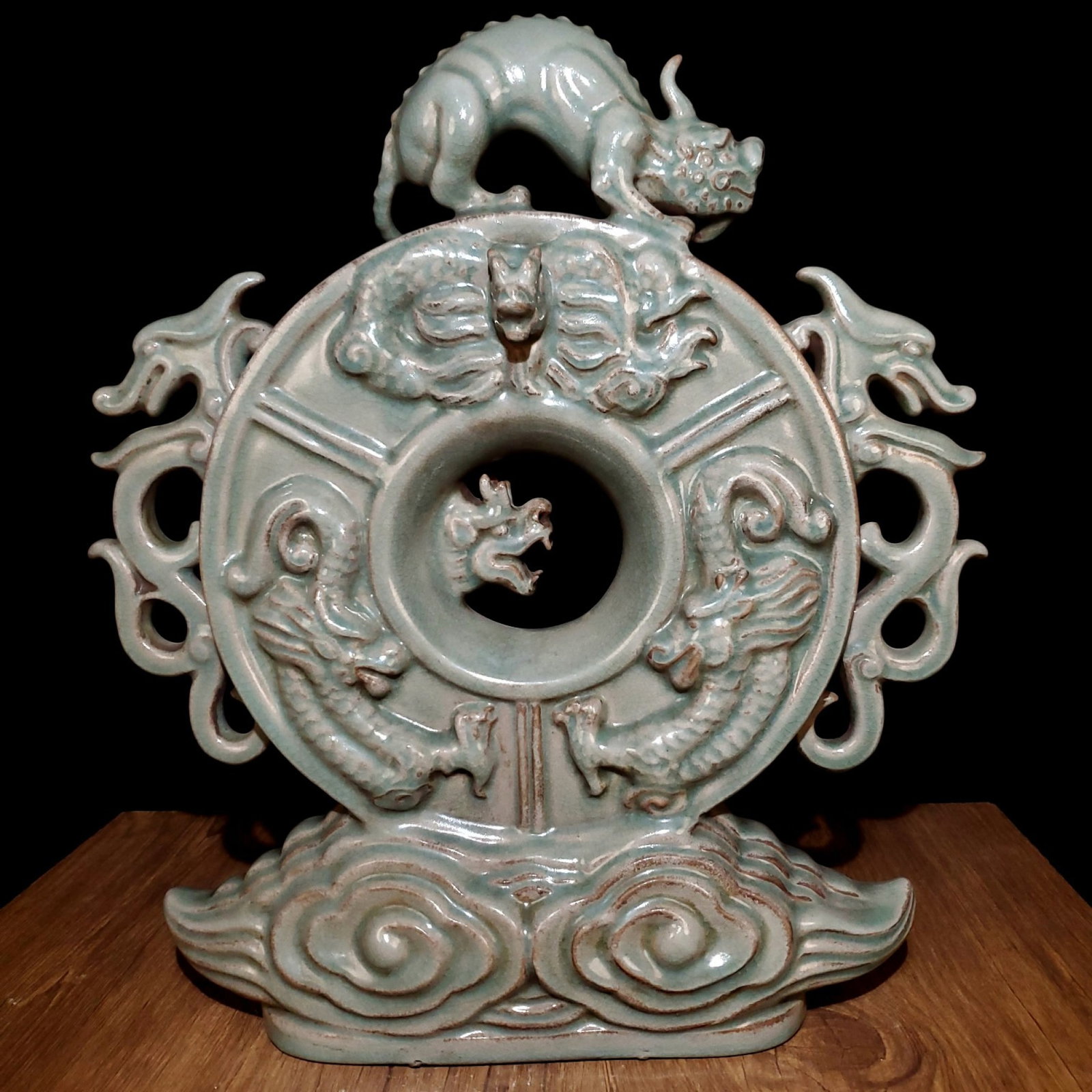 A Huge Ru yao Auspicious Beast and Dragon Pattern Ornament: A Huge Ru yao Auspicious Beast and Dragon Pattern Ornament,Song Dynasty,China,With Mark,Size:16.5inx14.9in 汝窑瑞兽龙纹摆件,中国宋