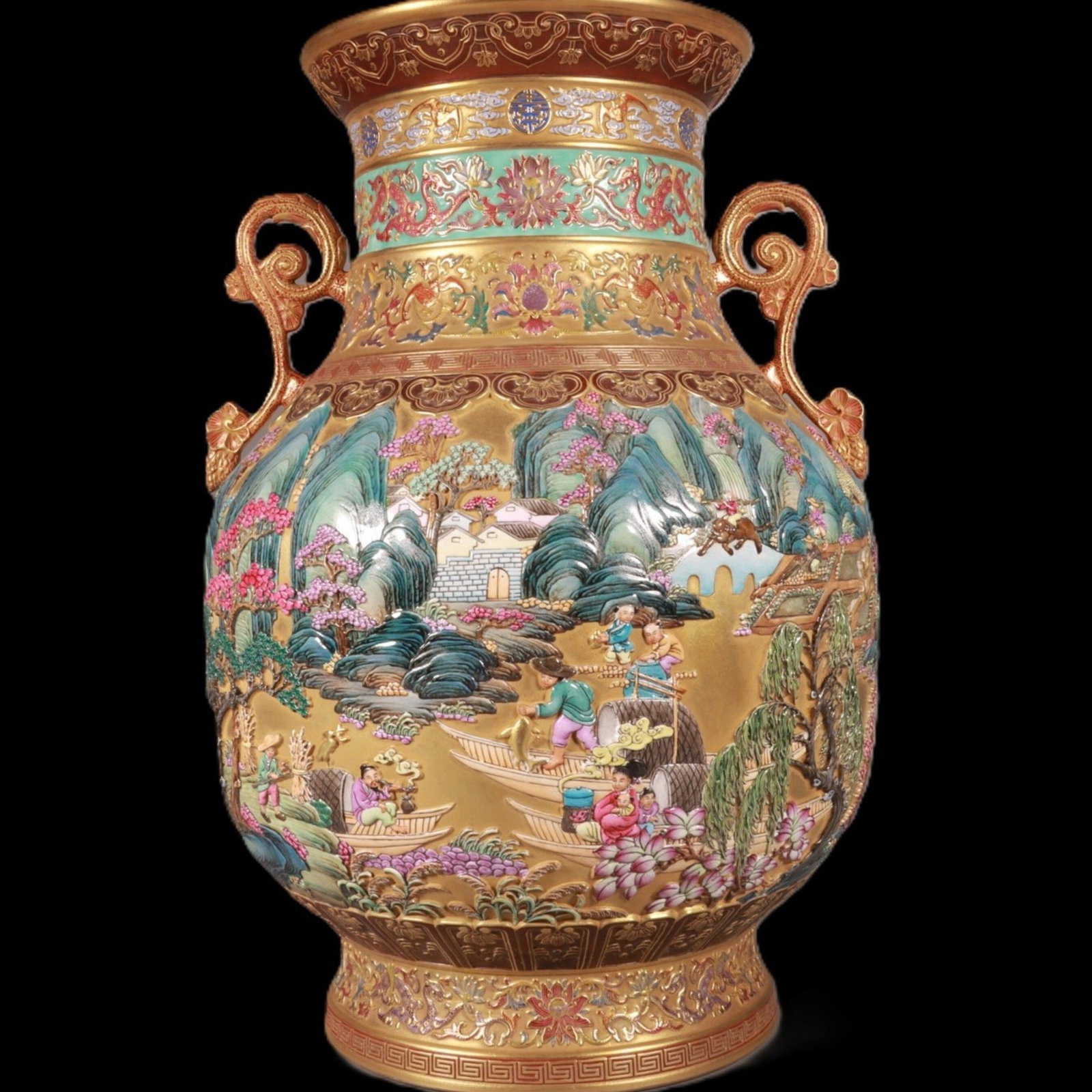An Exquisite Enamel Gold Ground Landscape and Figure Pattern Double-Ears Vase: An Exquisite Enamel Gold Ground Landscape and Figure Pattern Double-Ears Vase,Qing Dynasty,China,Qianlong Six-character Mark,Size:17.7inx11.4in 珐琅彩金地山水