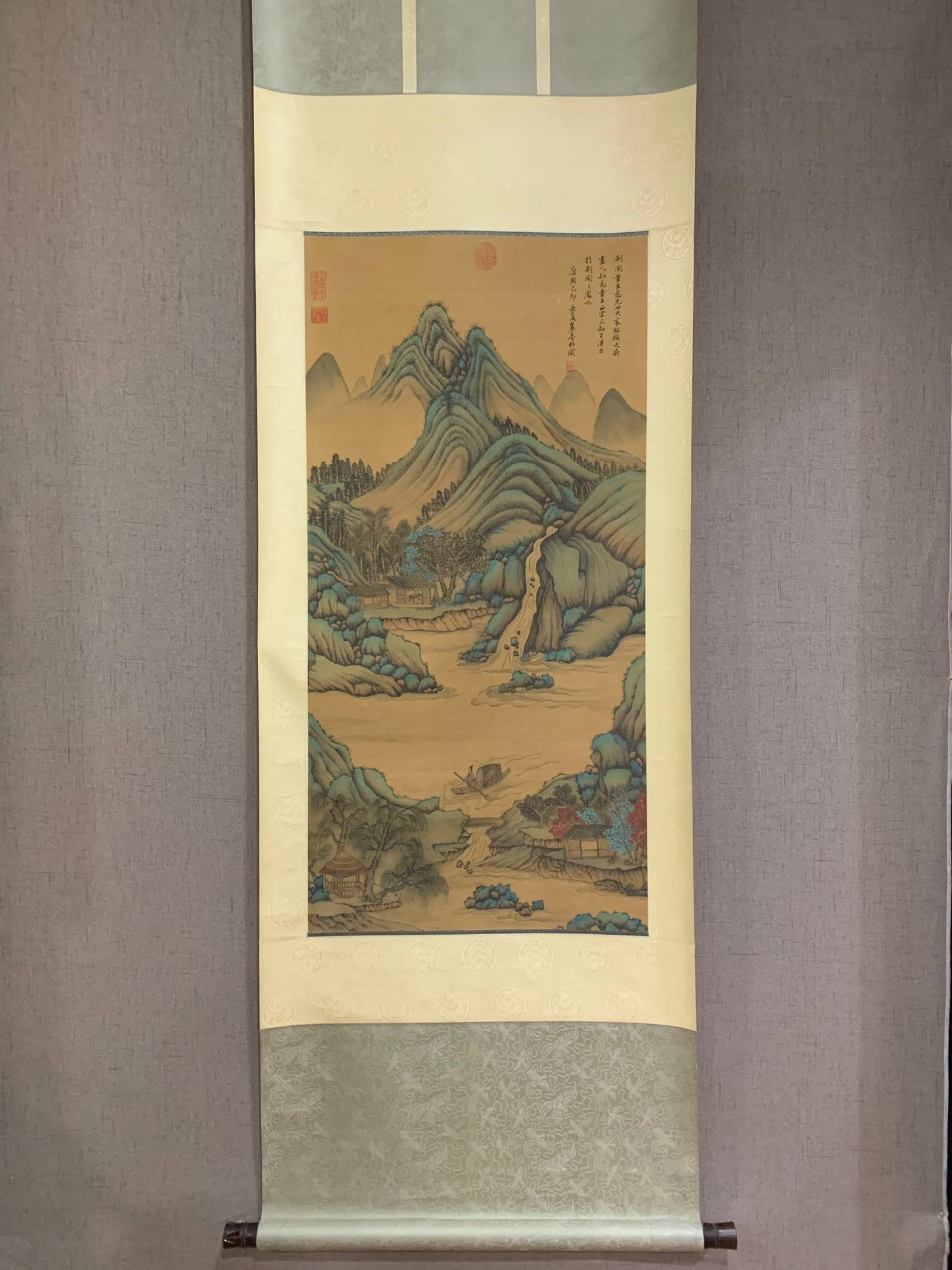 A Chinese Vertical Scroll Ink Painting of Landscape and Figure on Silk: A Chinese Vertical Scroll Ink Painting of Landscape and Figure on Silk,Wang Yuanqi,Size:40.2inx19.7in 一幅中国水墨绢本山水人物&#