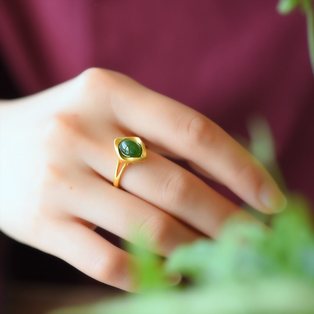 An Exquisite Sterling Silver-Gold Plated Inlaid Jasper Ring: An Exquisite Sterling Silver-Gold Plated Inlaid Jasper Ring,Size:7mmx9mm 纯银镀金镶碧玉戒指