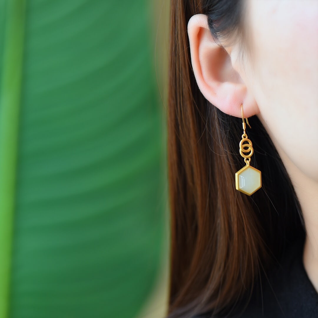 A Pair of Exquisite Sterling Silver-Gold Plated Inlaid White Jade Earrings: A Pair of Exquisite Sterling Silver-Gold Plated Inlaid White Jade Earrings,Size:12mmx12mm 一对纯银镀金镶白玉耳环