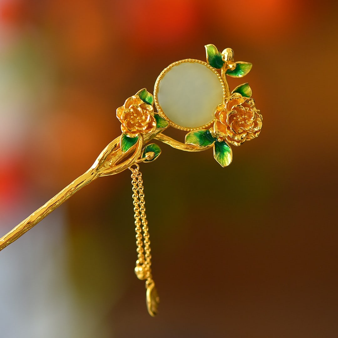 An Exquisite Sterling Silver-Gold Plated Inlaid White Jade Enamel Hairpin: An Exquisite Sterling Silver-Gold Plated Inlaid White Jade Enamel Hairpin 纯银镀金镶白玉珐琅发簪