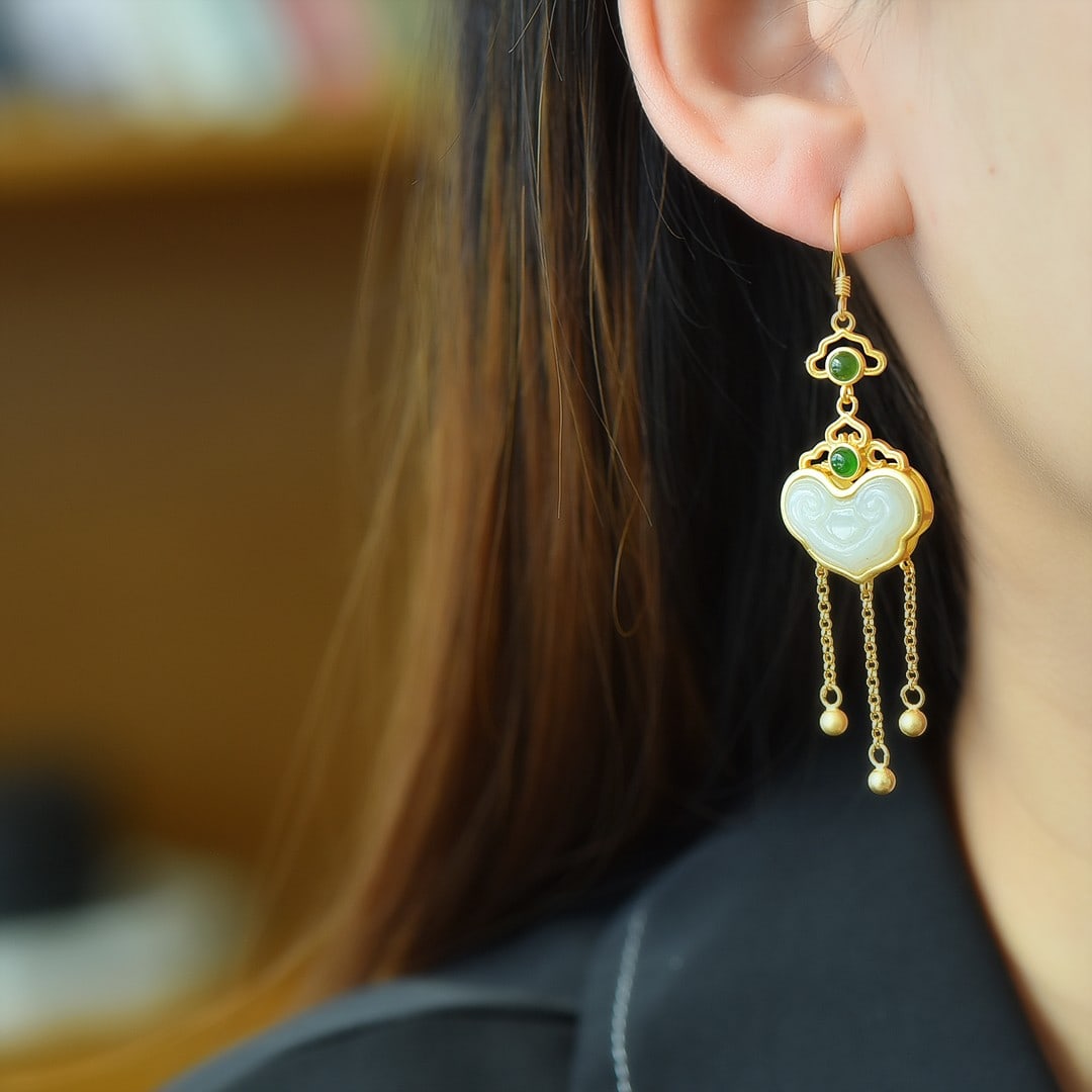 A Pair of Exquisite Sterling Silver-Gold Plated Inlaid White Jade Earrings: A Pair of Exquisite Sterling Silver-Gold Plated Inlaid White Jade Earrings 一对纯银镀金镶白玉耳环