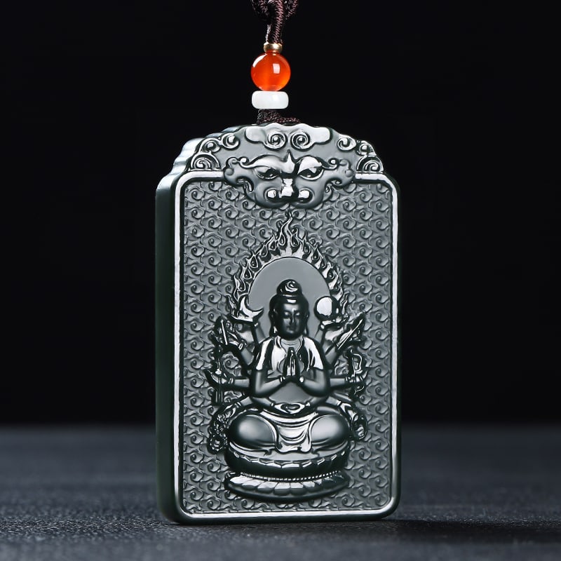 An Exquisite Cyan jade Statue of Thousand-Hand Avalokitesvara Pendant: An Exquisite Cyan jade Statue of Thousand-Hand Avalokitesvara Pendant,Size:63mmx39mmx8mm 青玉千手观音像挂件