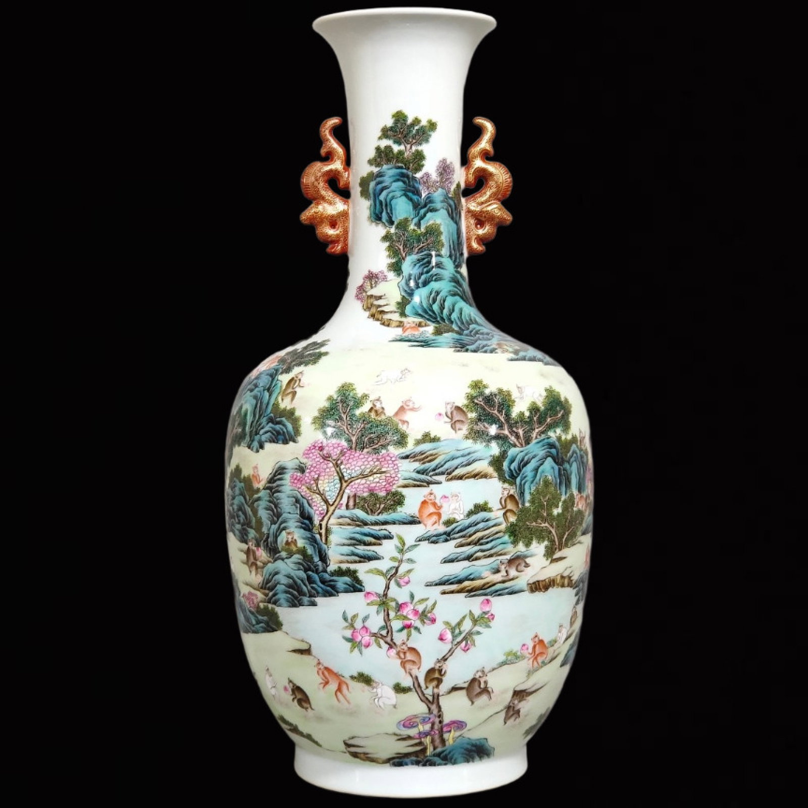 An Exquisite Enamel Monkey Pattern Double-Ears Vase: An Exquisite Enamel Monkey Pattern Double-Ears Vase,Qing Dynasty,China,Qianlong Six-Character Mark,Size:18.3inx8.5in