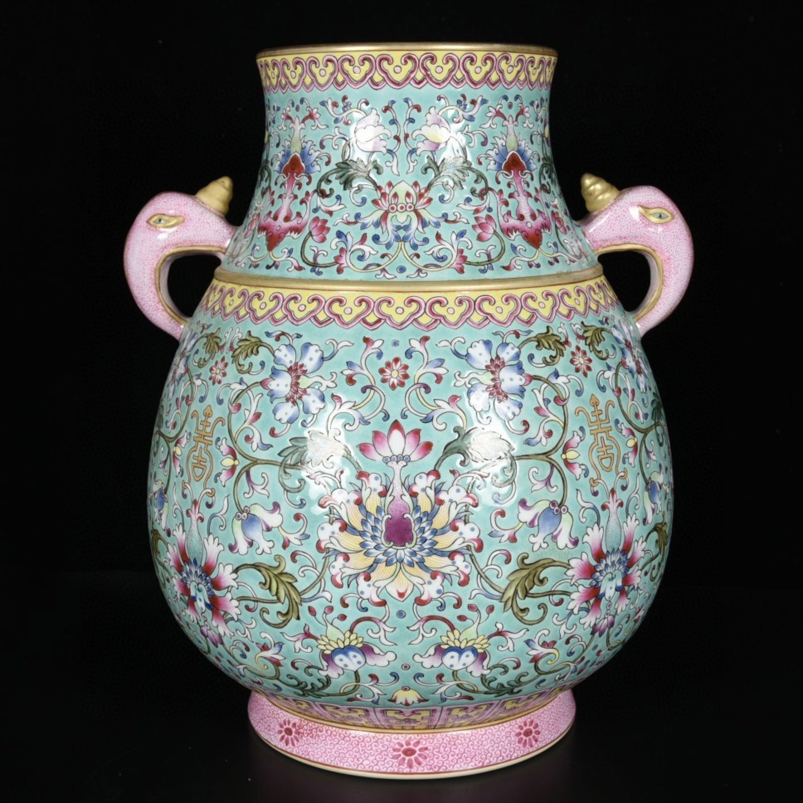 An Exquisite Green Ground Enamel Lotus Pattern Elephant-Ears Vase: An Exquisite Green Ground Enamel Lotus Pattern Elephant-Ears Vase,Qing Dynasty,China,Qianlong Six-character Mark,Size:10.6inx9.1inx8.3in