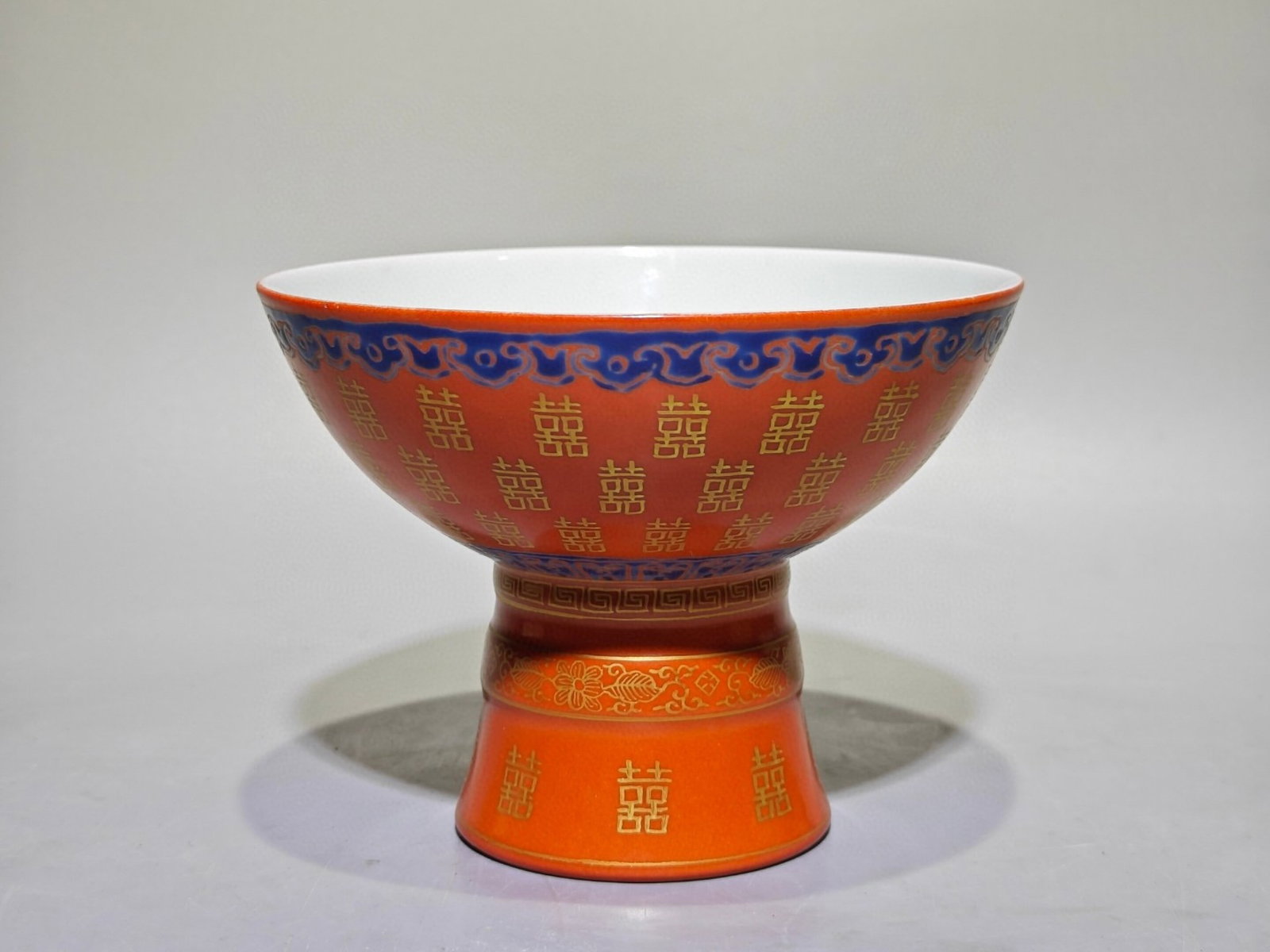 An Exquisite Red Glazed Painted Gold Stem Bowl: An Exquisite Red Glazed Painted Gold Stem Bowl,Qing Dynasty,China,Guangxu Six-character Mark,Size:4.1inx5.4in 红釉描金高足碗,中国清代,