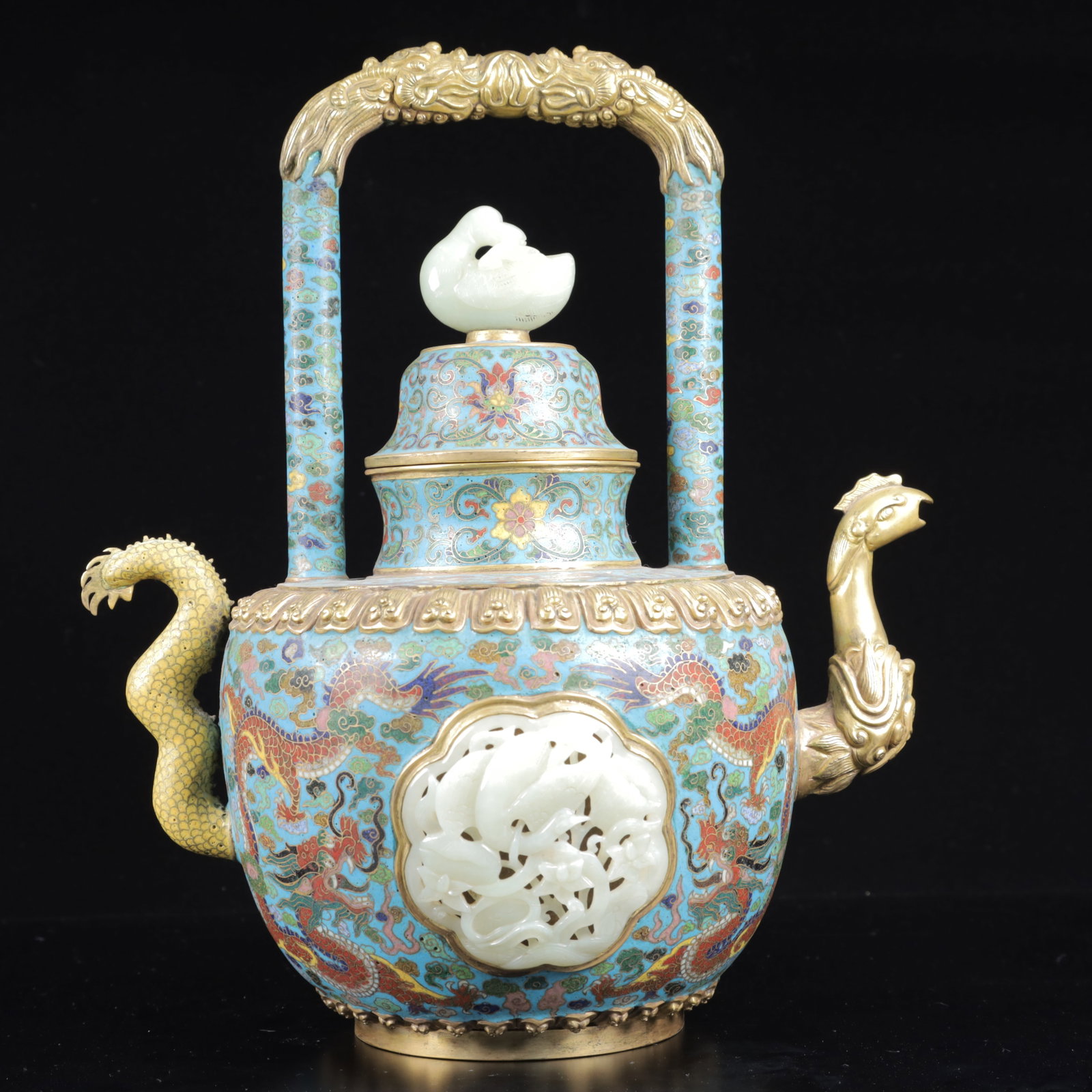 An Exquisite Cloisonne Inlaid White Jade Dragon and Phoenix Pattern Ewer: An Exquisite Cloisonne Inlaid White Jade Dragon and Phoenix Pattern Ewer,Qing Dynasty, China,Qianlong Four-character Mark,Size:11inx7.5inx12.2in,Weight:2700g 景泰蓝嵌白&#