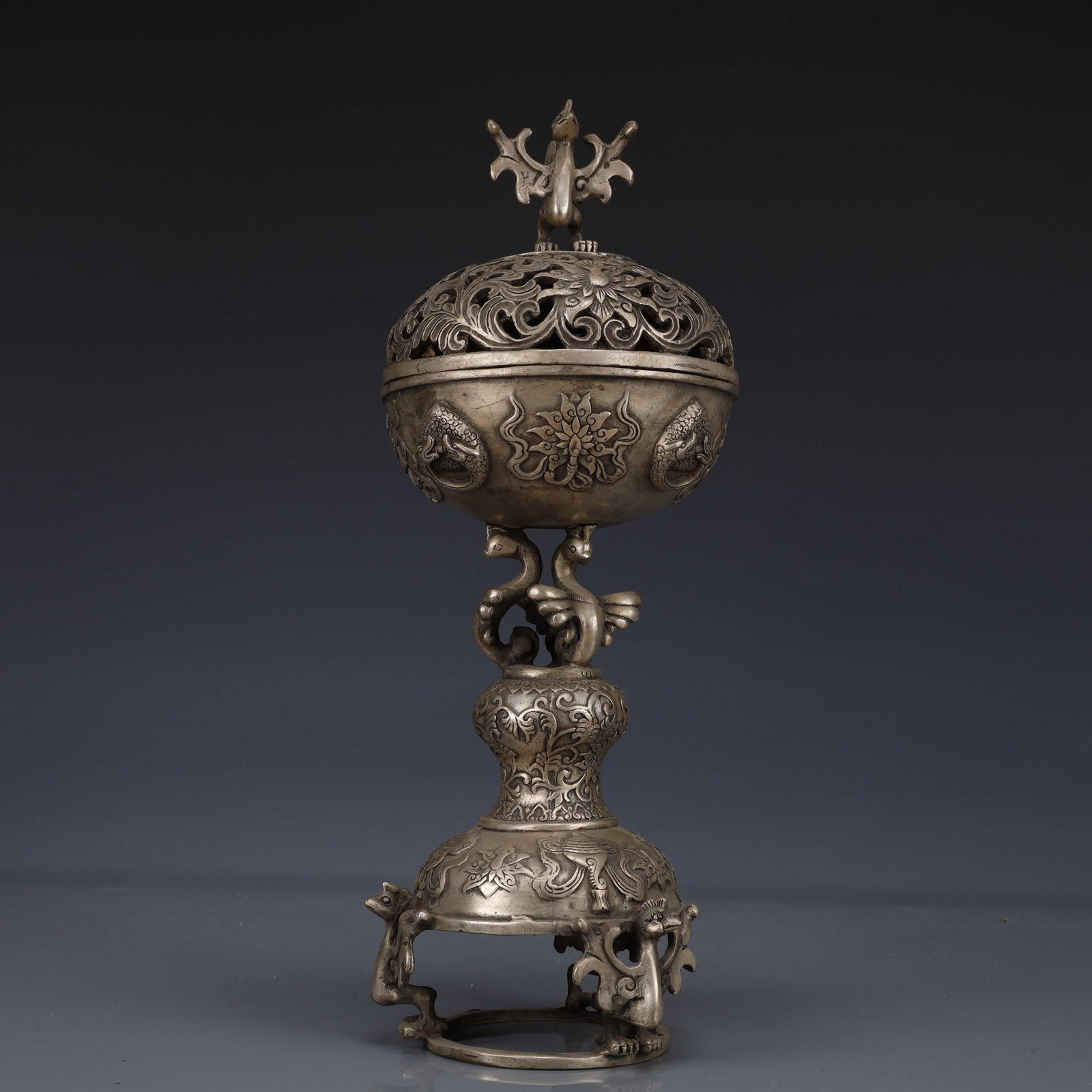 An Exquisite Silver-Plated Bronze Eight Treasures Pattern Censer: An Exquisite Silver-Plated Bronze Eight Treasures Pattern Censer,The Republic of China,Size:4.7inx4.7inx8.3in,Weight:1450g 铜镀银八宝纹香炉,中