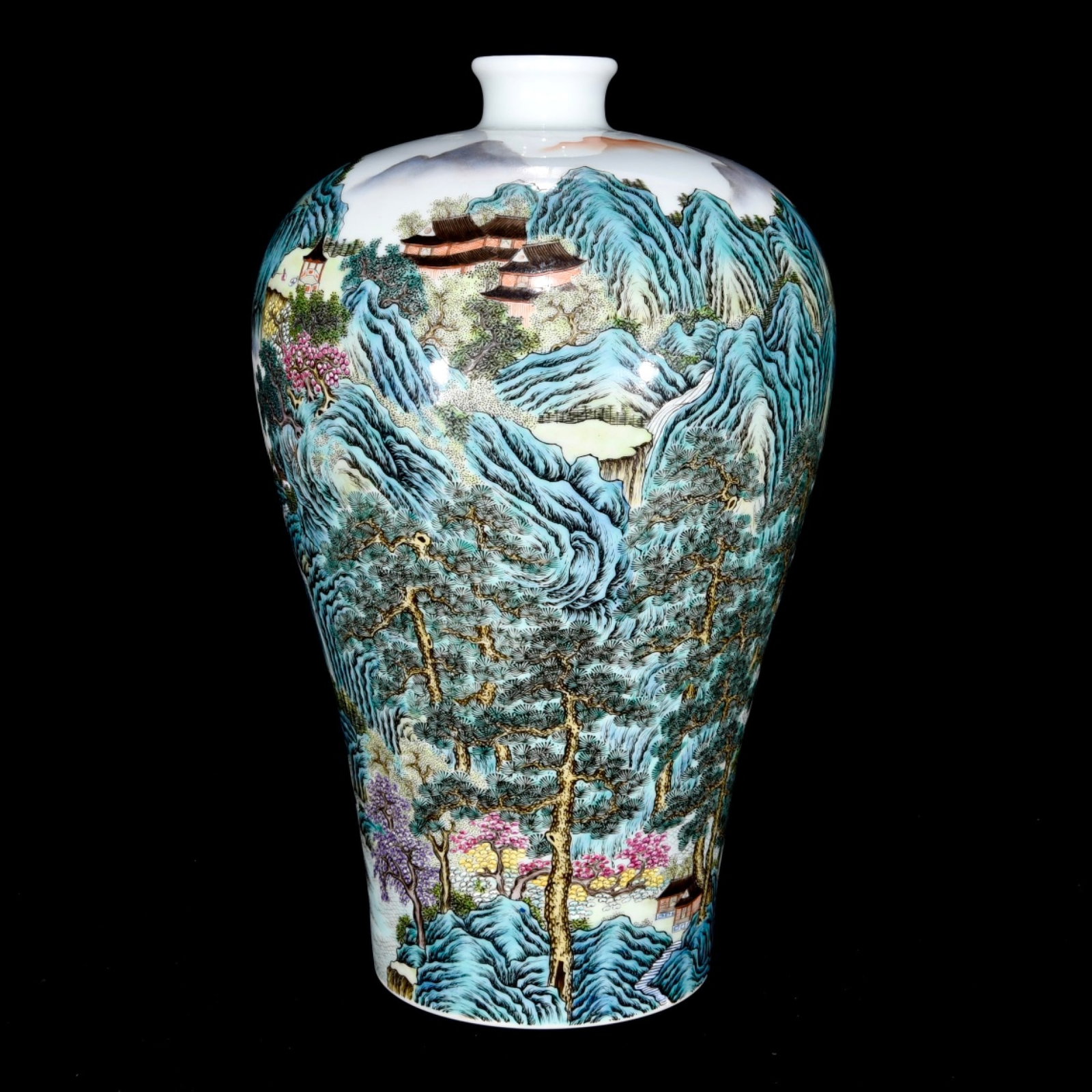 A Rare Famille-Rose Landscape Pattern Vase: A Rare Famille-Rose Landscape Pattern Vase,Qing Dynasty,China,Yongzheng Six-Character Mark,Size:15.4inx9.4in 粉彩山水纹瓶,中国清代,雍&