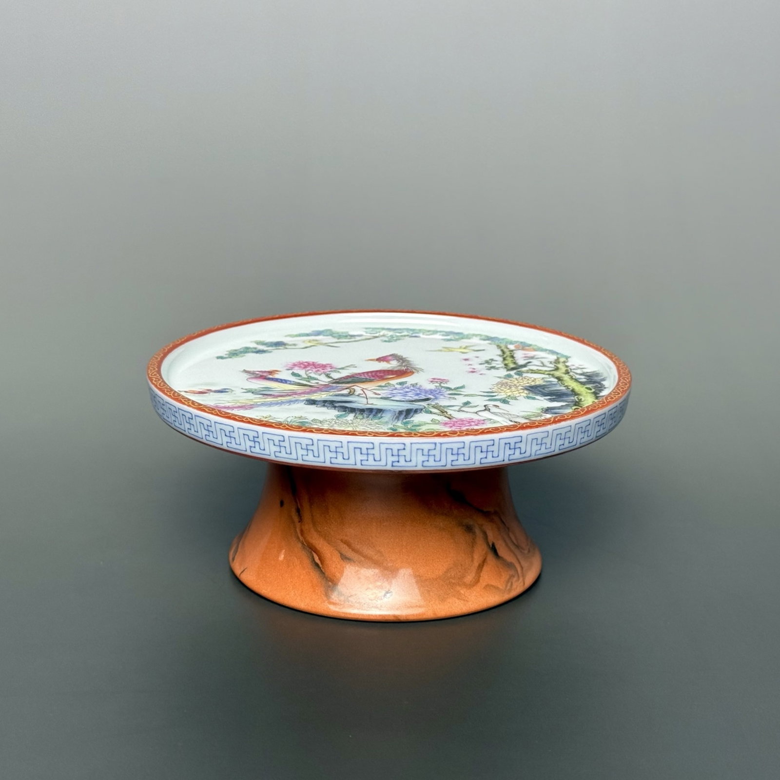 An Exquisite Stone Pattern Glazed Flower and Bird Pattern Plate: An Exquisite Stone Pattern Glazed Flower and Bird Pattern Plate,Qing Dynasty, China,Qianlong Four-character Mark,Size:5inx2.2in 石纹釉花鸟纹盘,中国