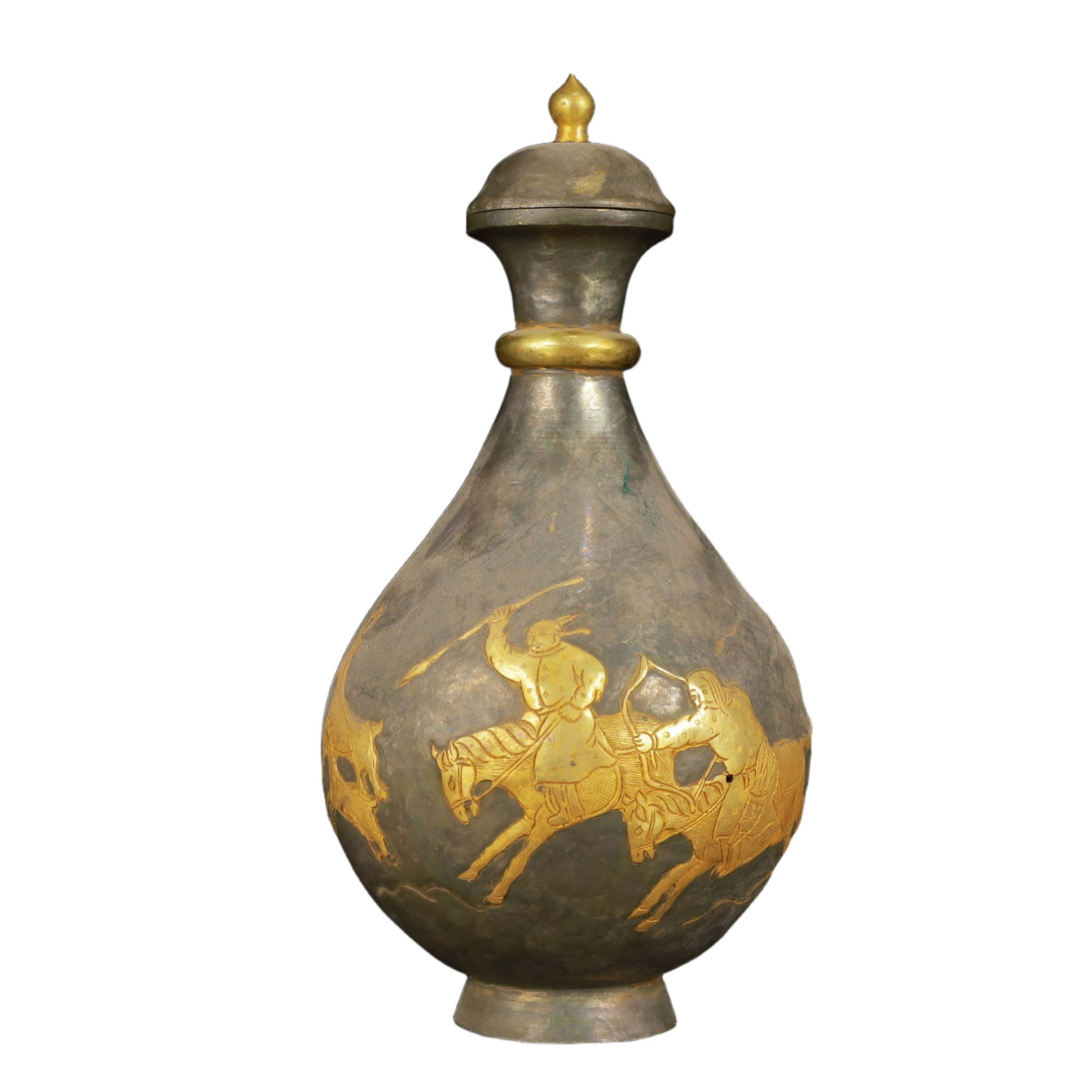 An Exquisite Gilt Silver Figure Pattern Vase,with Poem: An Exquisite Gilt Silver Figure Pattern Vase,with Poem,Tang Dynasty,China,Zhenguan Four-Character Mark,Size:4.3inx8.3in,Weight:600g