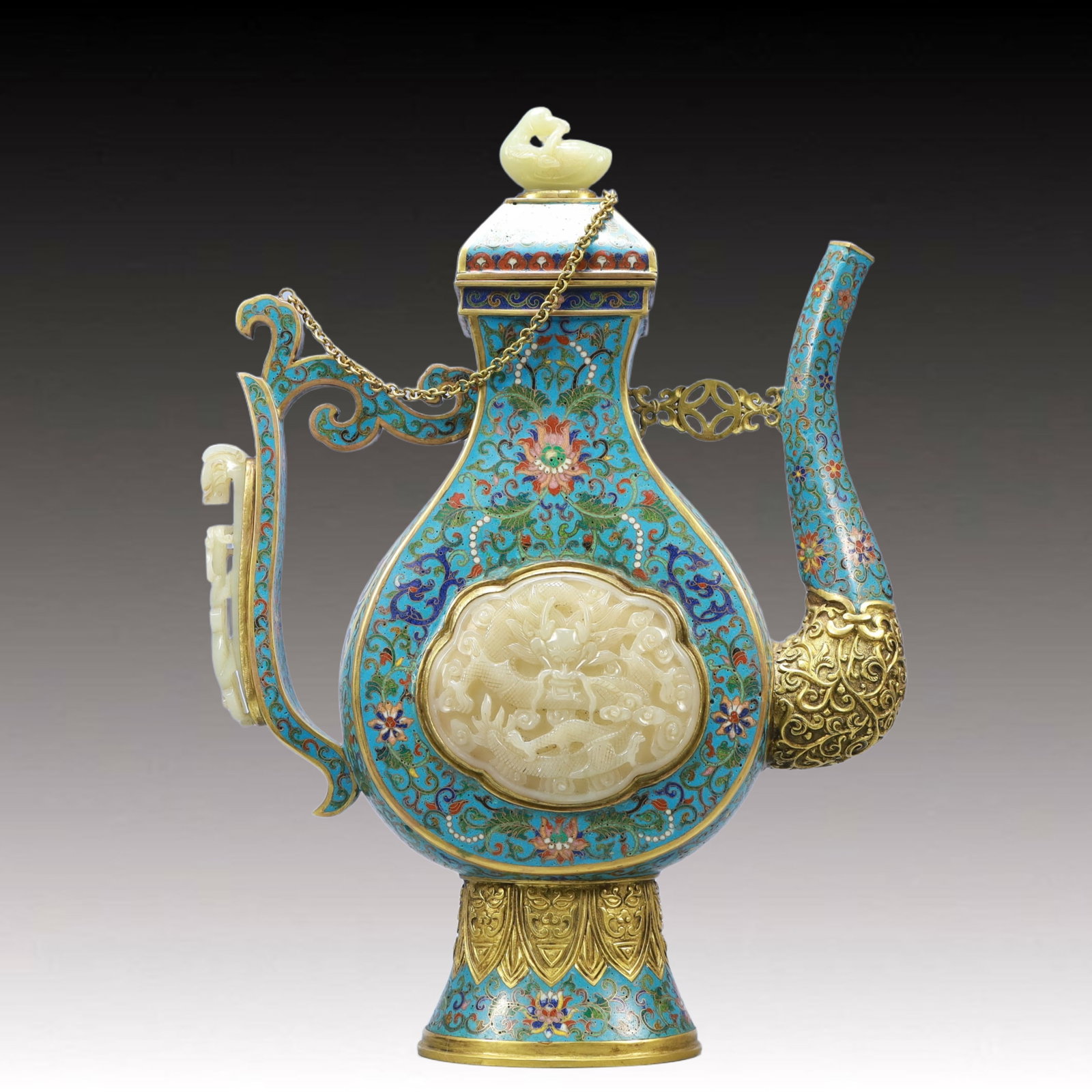 An Exquisite Cloisonne Inlaid White Jade Lotus and Dragon Pattern Ewer: An Exquisite Cloisonne Inlaid White Jade Lotus and Dragon Pattern Ewer,Qing Dynasty, China,Qianlong Four-character Mark,Size：11inx3.1inx15in; Weight：3150g 景泰蓝嵌