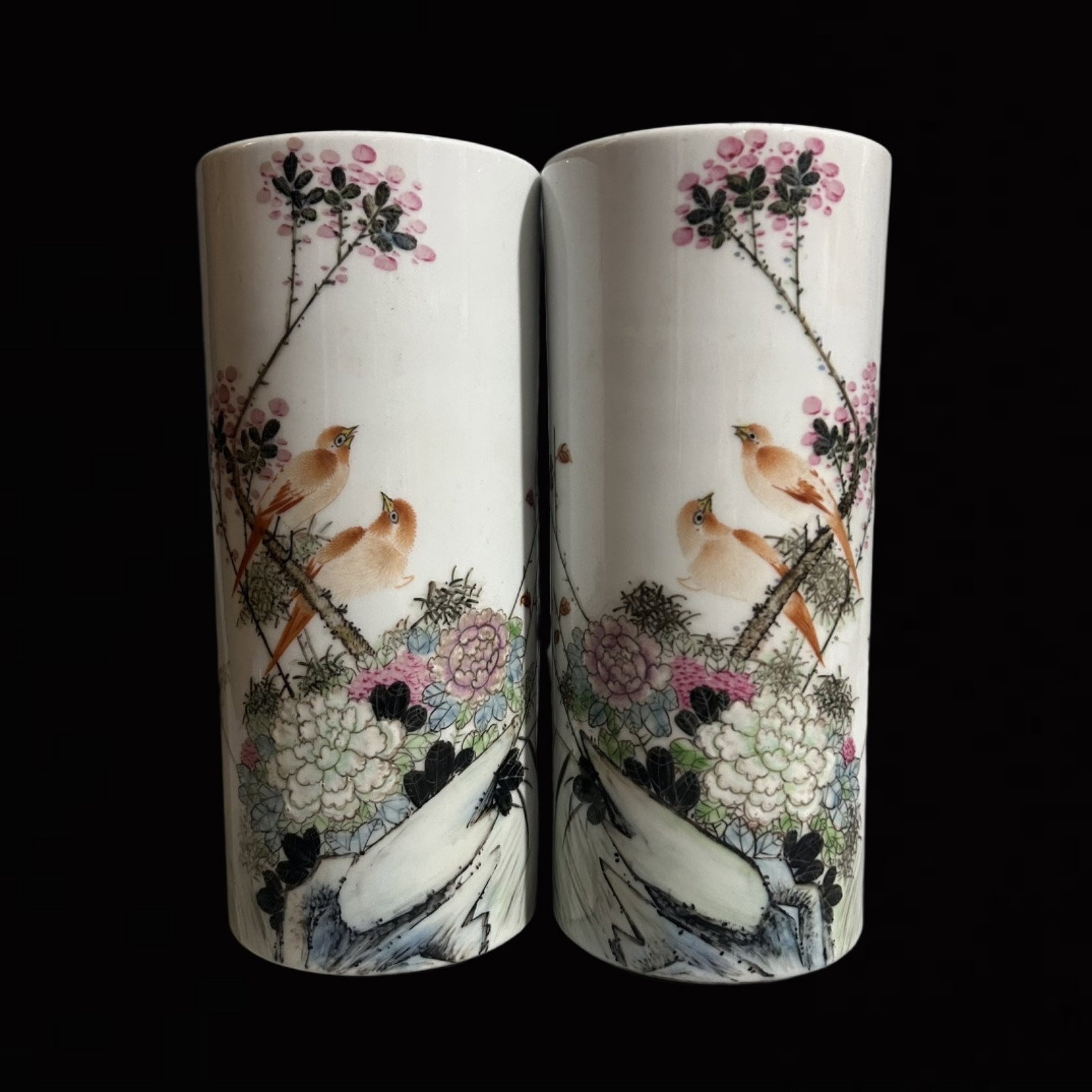 A Pair of Exquisite Light Crimson Color Flower and Bird Pattern Hatstands,with poem: A Pair of Exquisite Light Crimson Color Flower and Bird Pattern Hatstands,with poem,Qing Dynasty,China,With Mark,Size:10.4inx4.7in 一对浅绛彩花鸟纹ñ