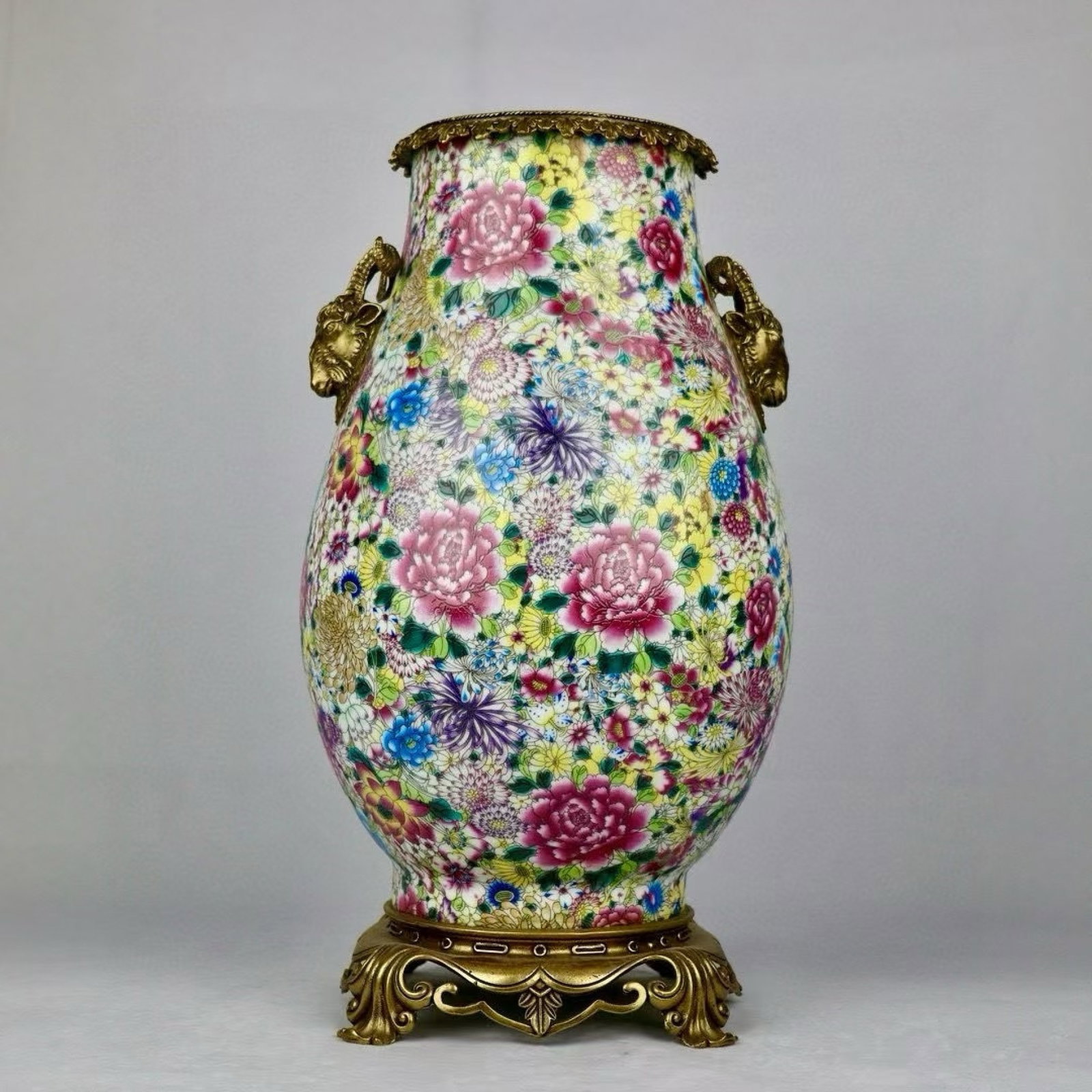 A Huge Famille-Rose Inlaid Bronze Flower Pattern Sheep-Ears Vase: A Huge Famille-Rose Inlaid Bronze Flower Pattern Sheep-Ears Vase,Qing Dynasty,China,Yongzheng Four-Character Mark,Size:17.7inx9.1in 粉彩嵌铜花卉纹羊 
