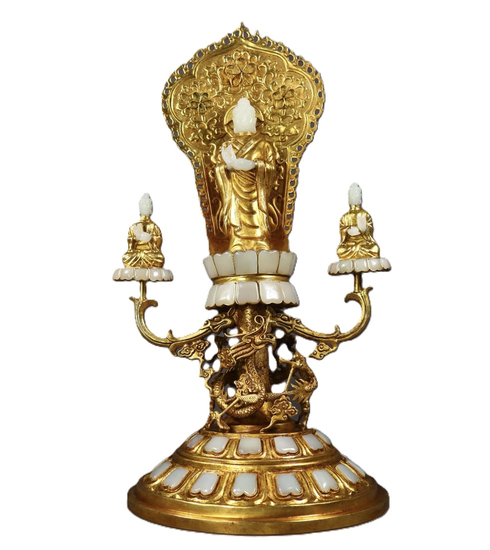 An Exquisite Gilt Bronze Inlaid White Jade Lotus Pattern Buddha Statue Ornament: An Exquisite Gilt Bronze Inlaid White Jade Lotus Pattern Buddha Statue Ornament,Qing Dynasty,China,Qianlong Four-character Mark,Size:20.1inx10.6inx10.2in,Weight:3380g 铜鎏金嵌&