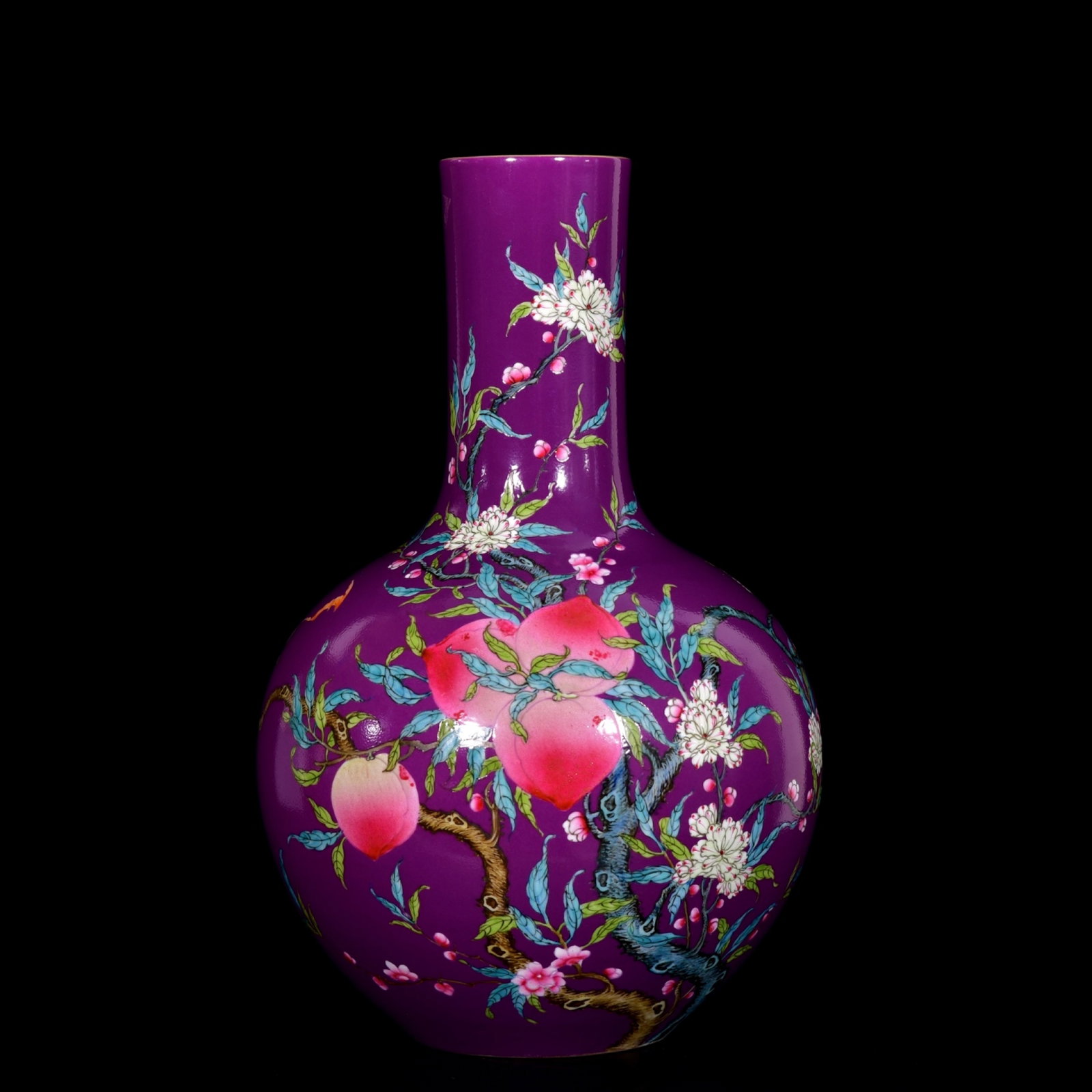 A Rare Enamel Bats and Peach Pattern Vase: A Rare Enamel Bats and Peach Pattern Vase,Qing Dynasty,China,Yongzheng Six-Character Mark,Size:14.6inx9.4in