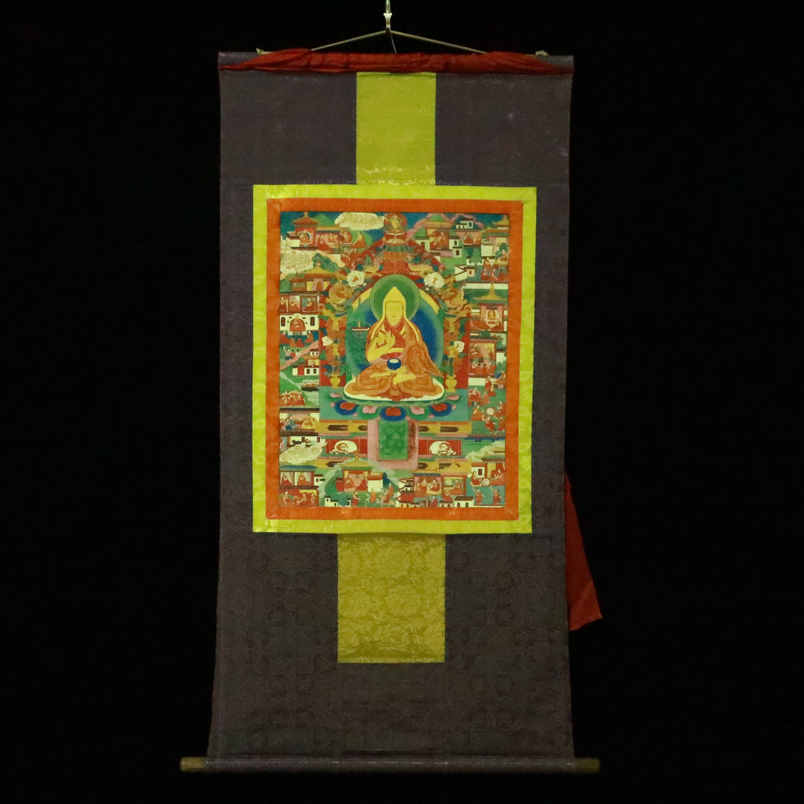 A Rare Brocade Painted Color Statue of Tsongkhapa Tangka: A Rare Brocade Painted Color Statue of Tsongkhapa Tangka,Qing Dynasty, China,Size:24inx48.8in