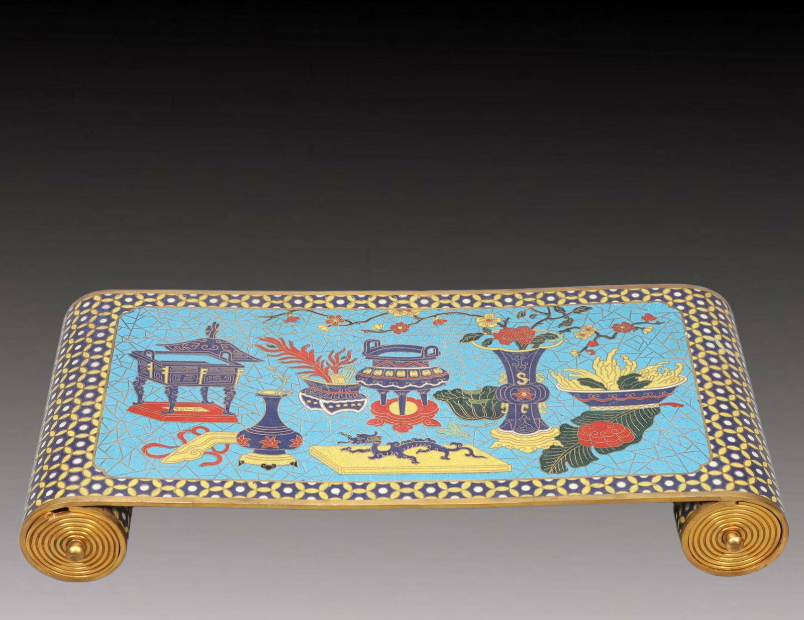 A Rare Cloisonne Flower Pattern End Table: A Rare Cloisonne Flower Pattern End Table,Qing Dynasty, China,Size:16.5inx7.9inx2.4in,Weight:4700g 景泰蓝花卉纹桌几,中国清代