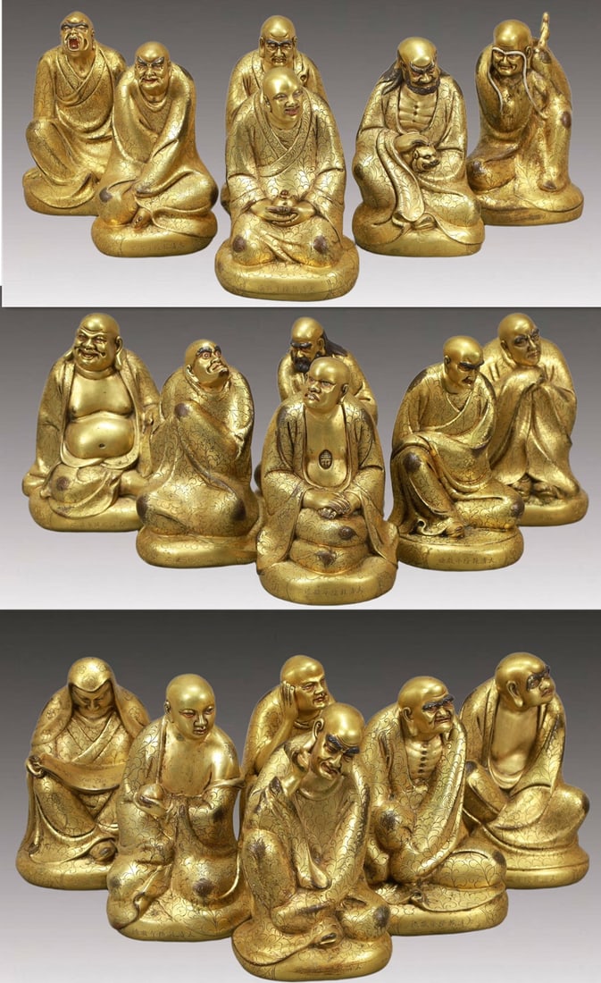 A Set of Solemn Gilt Bronze Statue of Arhat: A Set of Solemn Gilt Bronze Statue of Arhat,Qing Dynasty, China,Qianlong Seven-character Mark,Size:5.3inx5.1inx7.9in,Total Weight:41400g