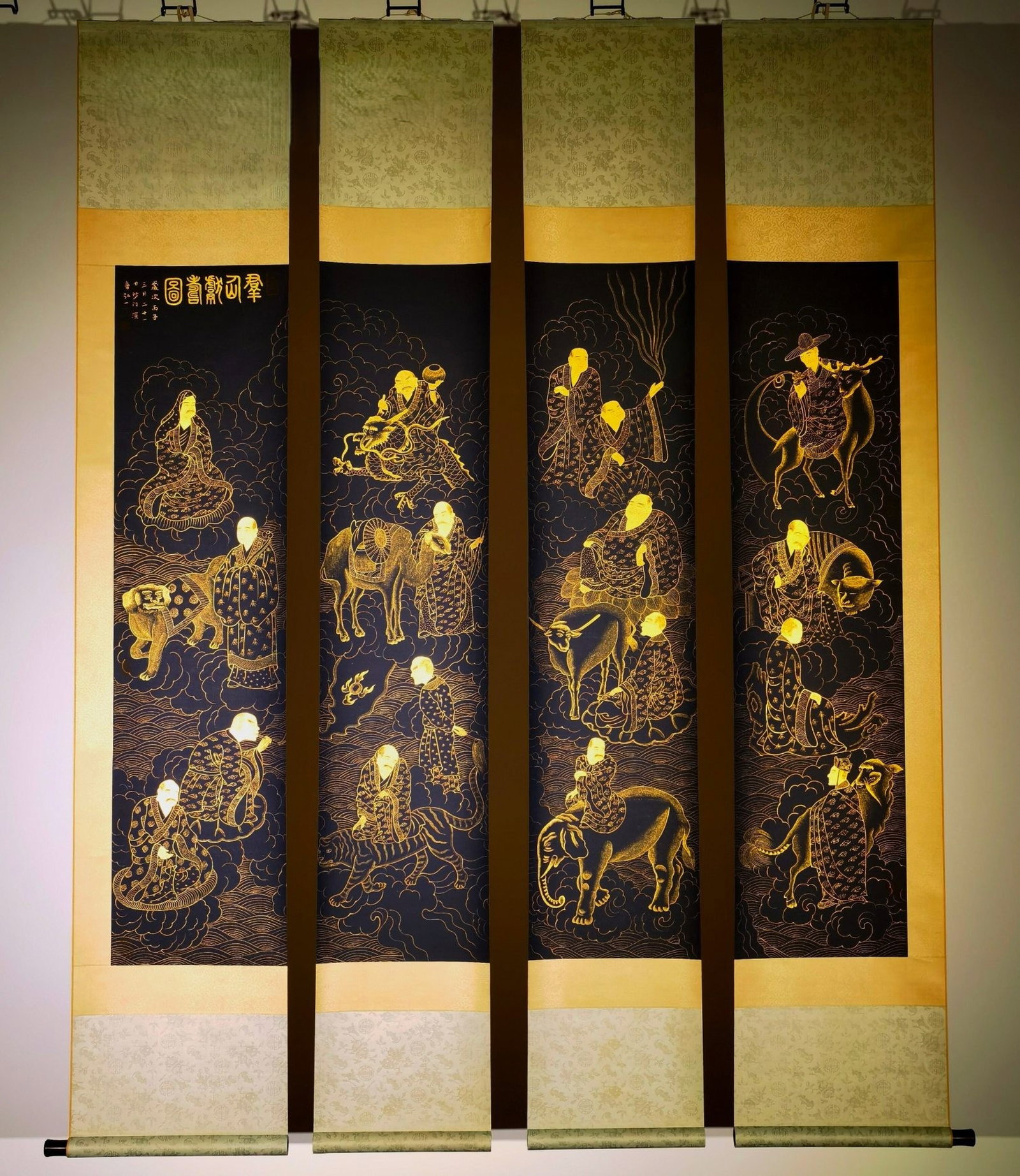 A Set of Chinese Vertical Scroll Ink Painting of Figure on Paper: A Set of Chinese Vertical Scroll Ink Painting of Figure on Paper,Hongyi Fashi,Size:87.8inx60.6in