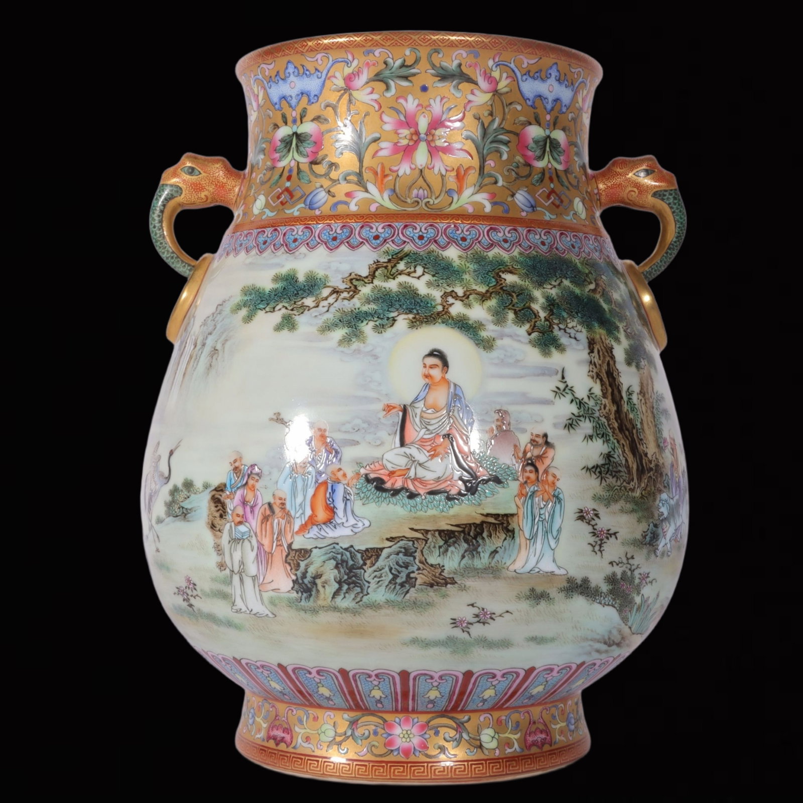 An Exquisite Enamel Gold Ground Character and Story Pattern Elephant-Ears Vase: An Exquisite Enamel Gold Ground Character and Story Pattern Elephant-Ears Vase,Qing Dynasty,China,Qianlong Six-character Mark,Size:9.8inx7.5in 珐琅彩金地人物&