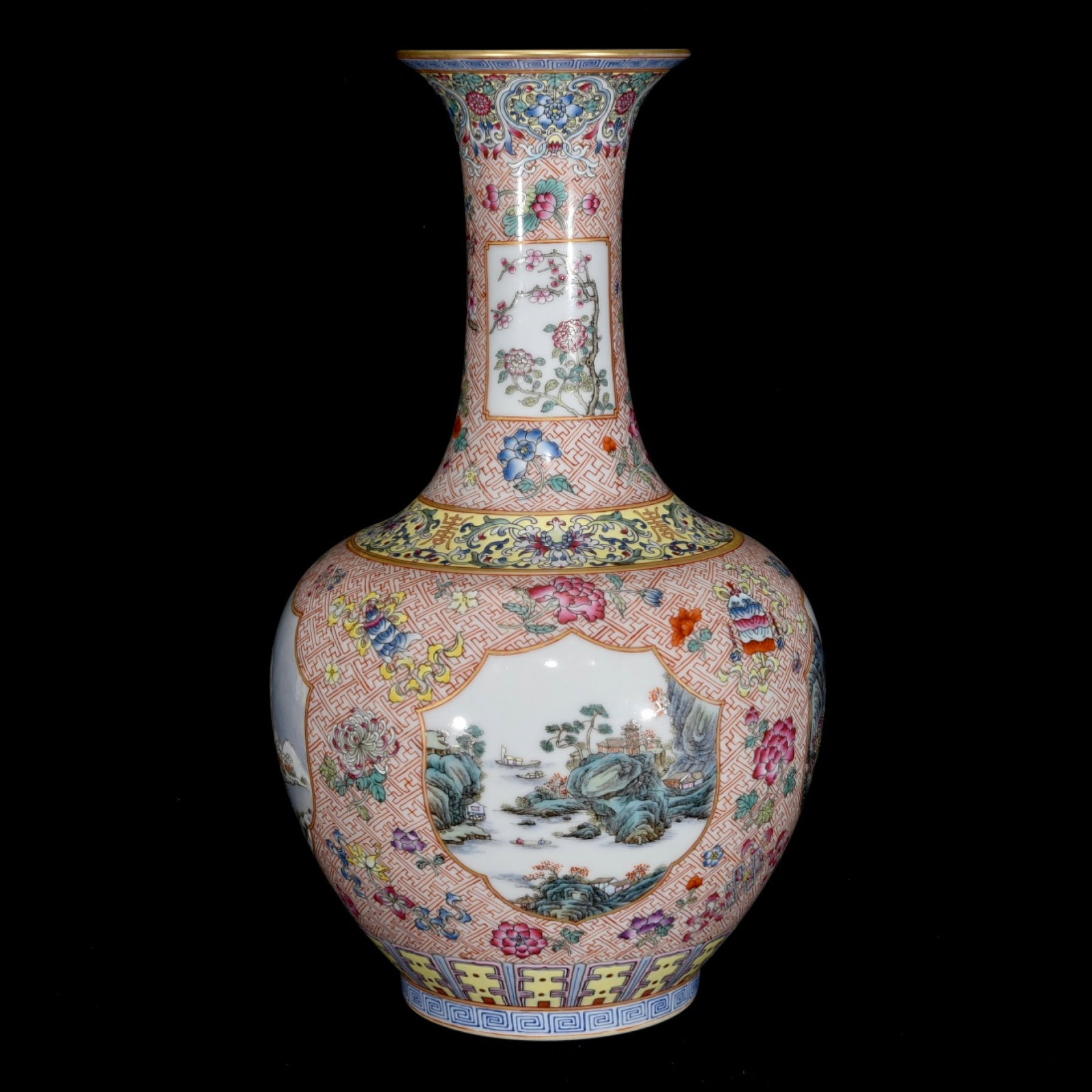A Rare Famille-Rose Landscape Pattern Vase: A Rare Famille-Rose Landscape Pattern Vase,Qing Dynasty,China,Qianlong Six-Character Mark,Size:13inx7.9in 粉彩山水纹瓶,中国清代,乾&