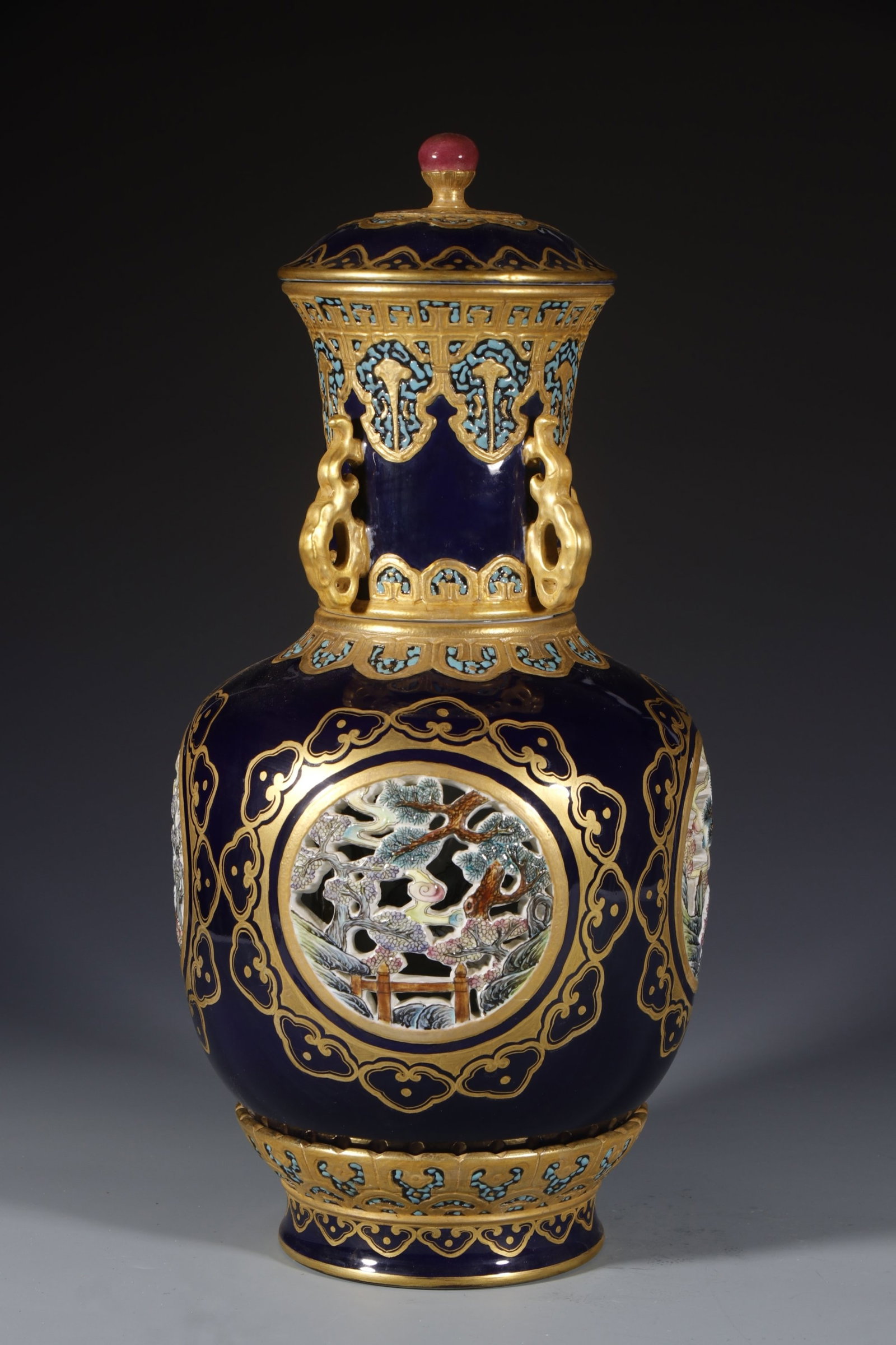 A Huge Ji Blue Glazed Painted Gold Landscape and Figure Pattern Bottle: A Huge Ji Blue Glazed Painted Gold Landscape and Figure Pattern Bottle,Qing Dynasty,China,Qianlong Four-character Mark,Size:16.9inx4.9in 霁蓝釉描金山水人