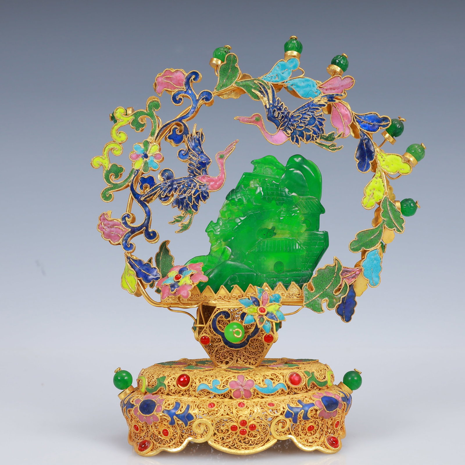 An Exquisite Filigree and Gilding Inlaid Jadeite Landscape Ornament,Inlaid Gems: An Exquisite Filigree and Gilding Inlaid Jadeite Landscape Ornament,Inlaid Gems,Qing Dynasty, China,Qianlong Four-Character Mark,Size:4.7inx3.1inx8.3in,Weight:404g 花丝鎏金