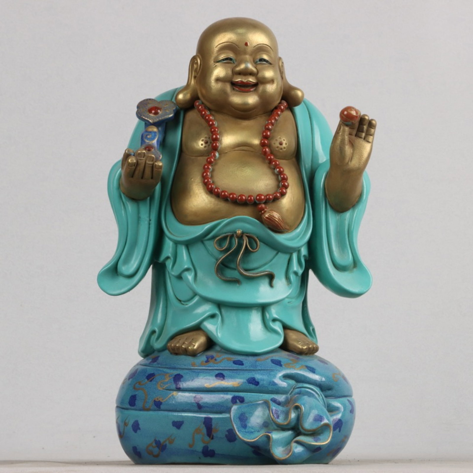 An Exquisite Turquoise Glazed Gilt Statue of Maitreya Buddha: An Exquisite Turquoise Glazed Gilt Statue of Maitreya Buddha,Qing Dynasty, China,Yongzheng Six-character Mark,Size:11inx6.7in 松石绿釉鎏金弥勒佛,&