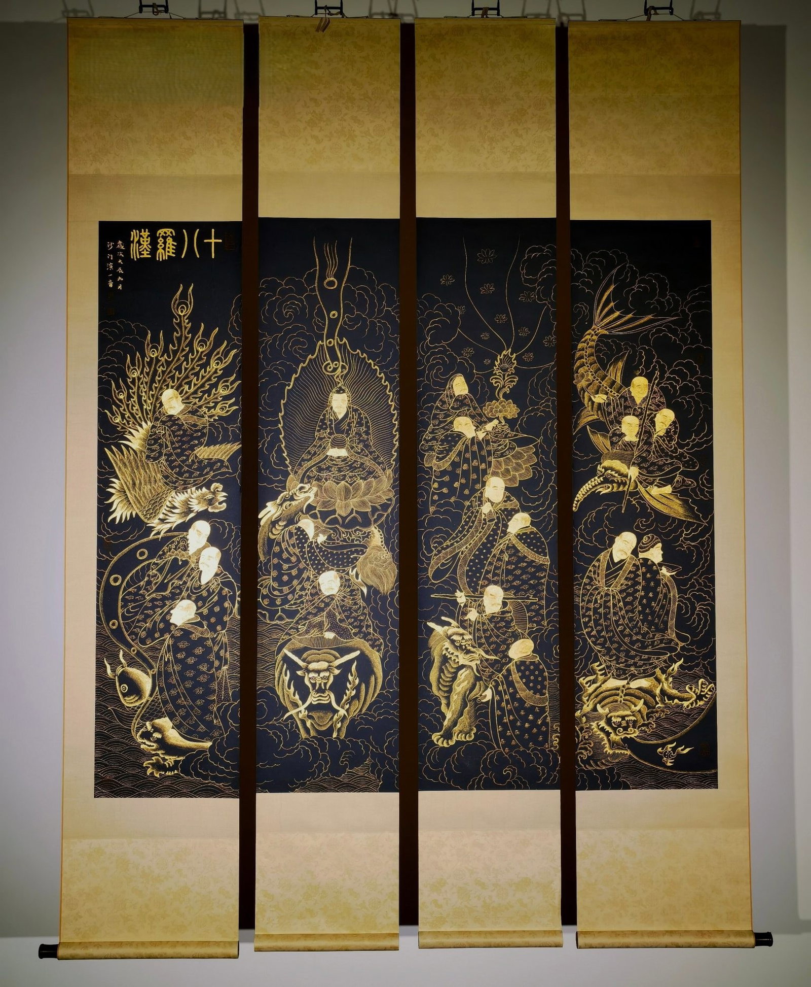 A Set of Chinese Vertical Scroll Ink Painting of Figure on Paper: A Set of Chinese Vertical Scroll Ink Painting of Figure on Paper,Hongyi Fashi,Size:87.8inx60.6in 一套中国水墨人物画立轴,弘ߌ