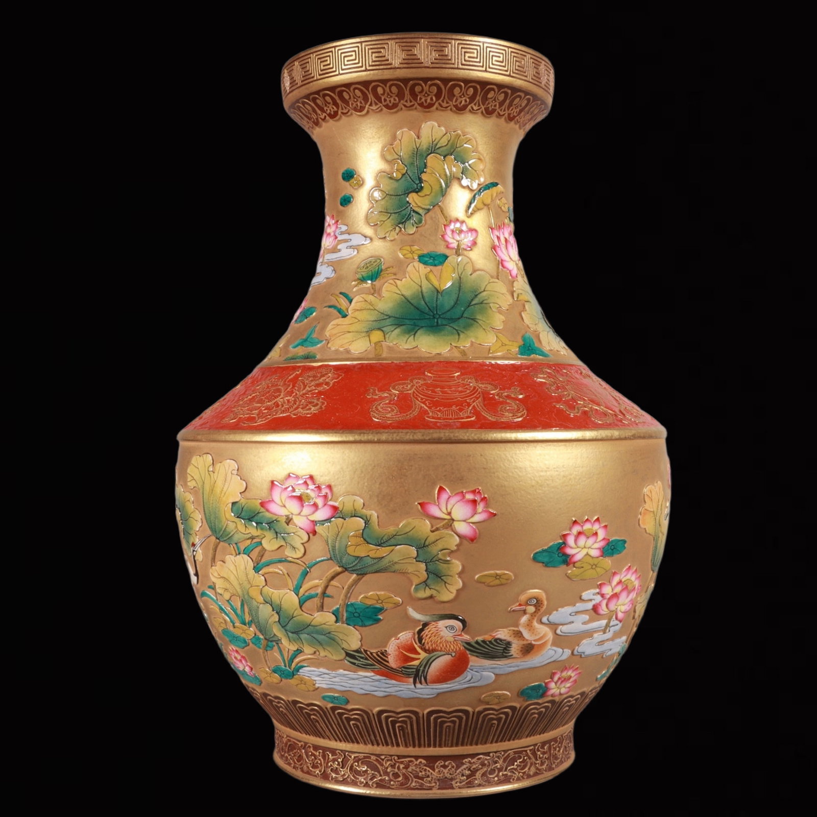 An Exquisite Enamel Gold Ground Flower and Mandarin Duck Pattern Vase: An Exquisite Enamel Gold Ground Flower and Mandarin Duck Pattern Vase,Qing Dynasty,China,Qianlong Six-character Mark,Size:11.4inx7.9in 珐琅彩金地花卉鸳&