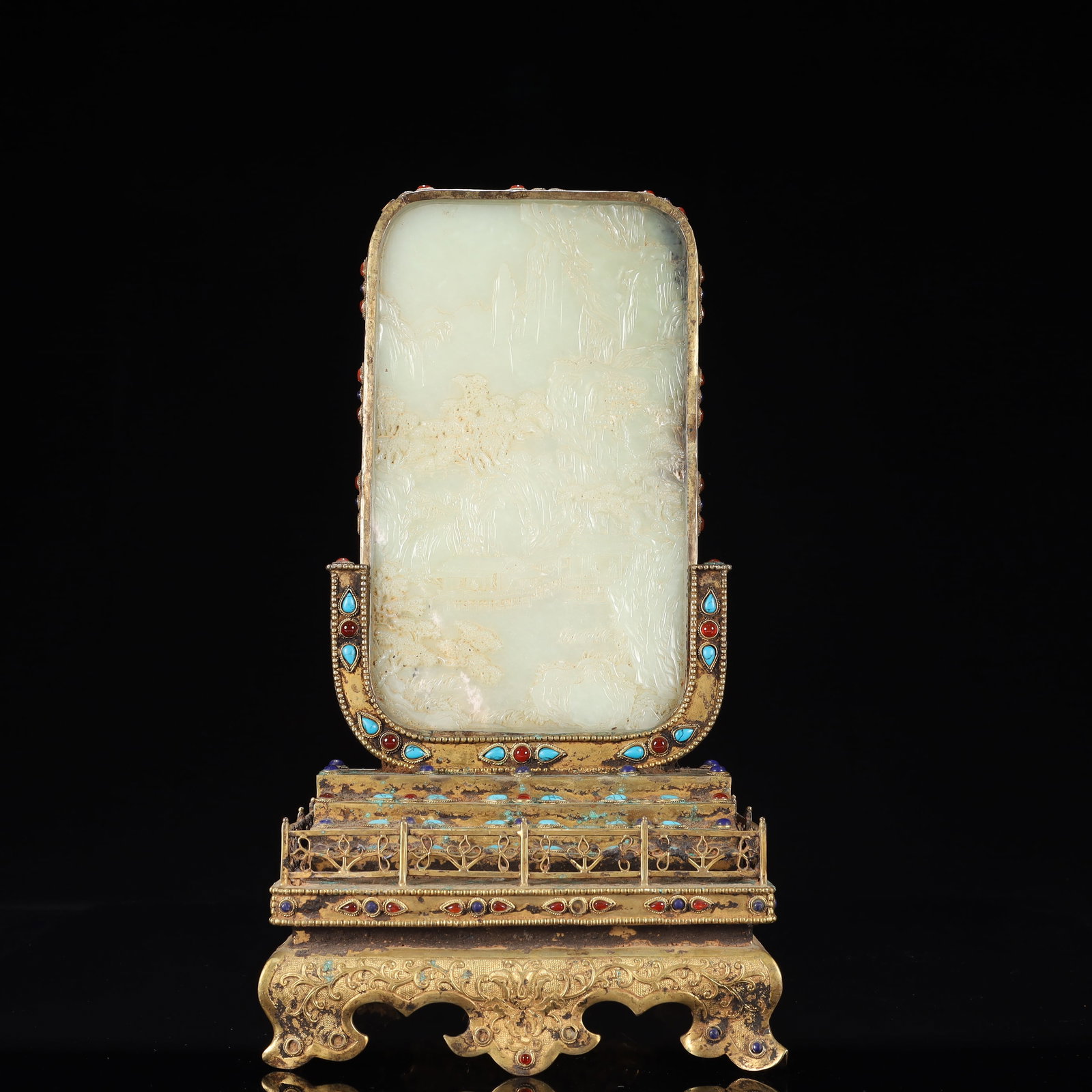 A Rare Gilt Bronze Inlaid White Jade Landscape and Figure Pattern Table Screen,With Poem,Inlaid Gems: A Rare Gilt Bronze Inlaid White Jade Landscape and Figure Pattern Table Screen,With Poem,Inlaid Gems and Turquoise,Qing Dynasty, China,Qianlong Mark,Size:7.9inx6.7inx15in,Weight:3150g 铜鎏