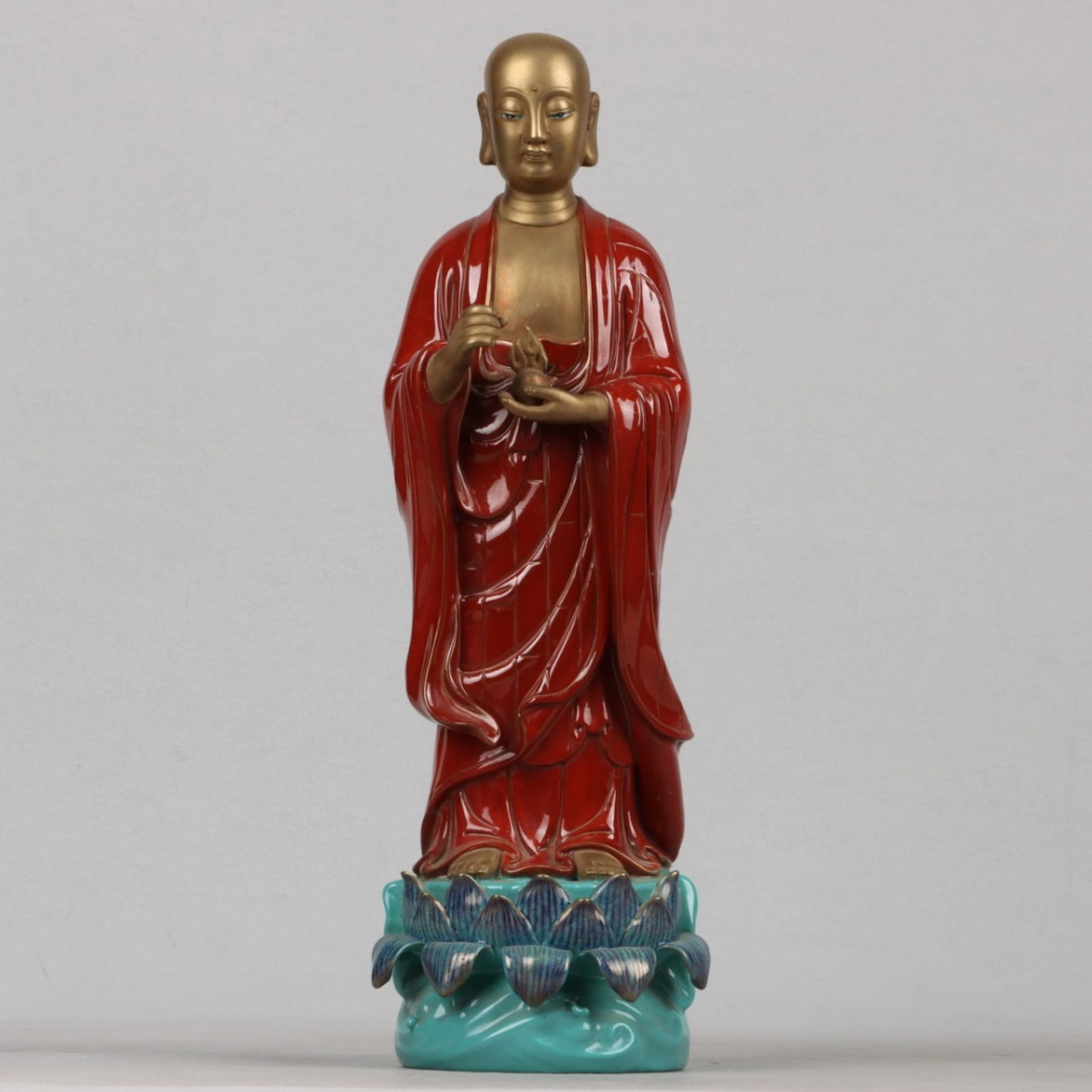 An Exquisite Iron-Red Gilt Turquoise Glazed Statue of Kshitigarbha Bodhisattva (1 of 9)