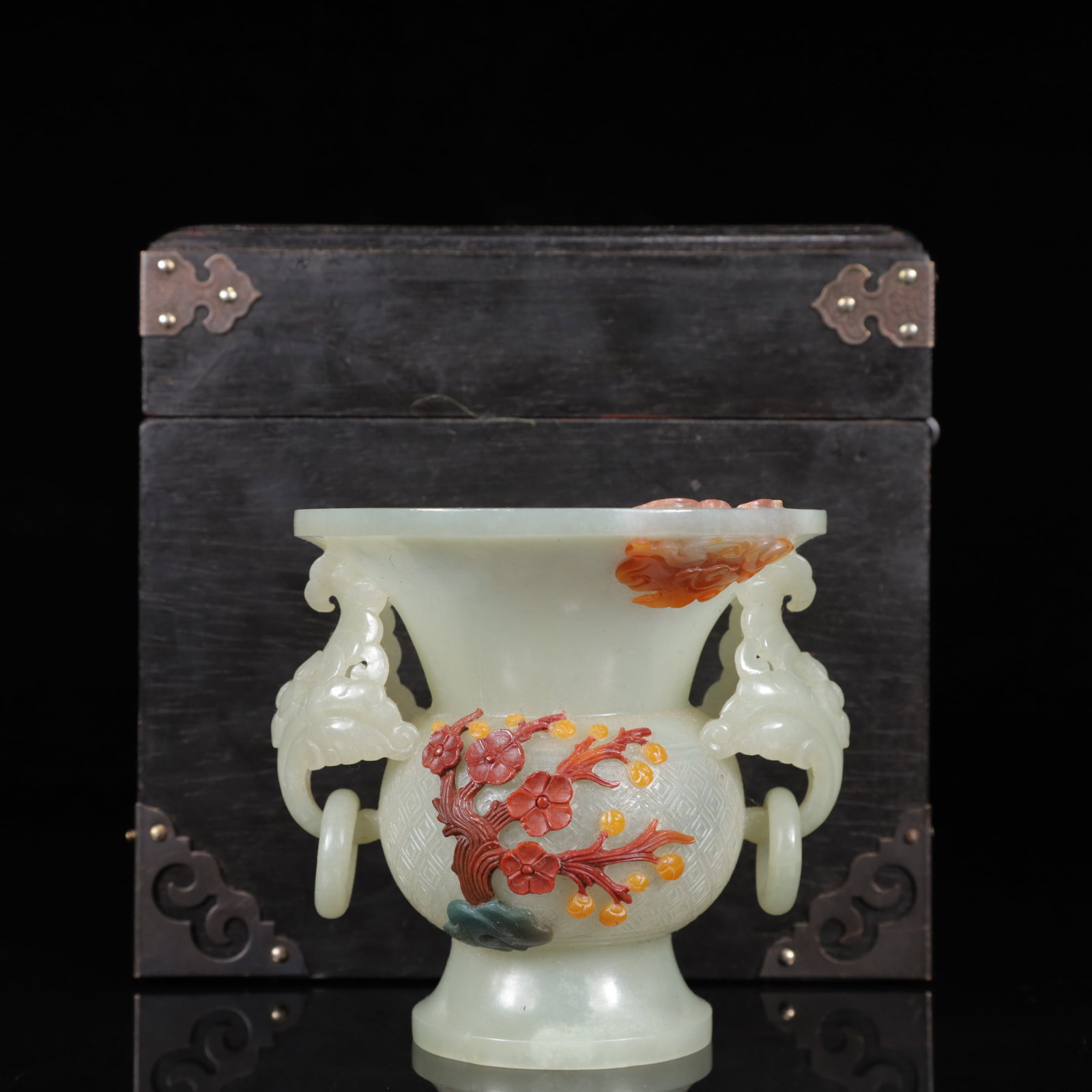 An Exquisite White Jade Inlaid Gems Flower Pattern Double-Ears Vase: An Exquisite White Jade Inlaid Gems Flower Pattern Double-Ears Vase,Qing Dynasty,China,Size:(Censer)4.3inx3.7in,(Box)6.3inx5.9in,Weight:200g 白玉嵌百宝花卉