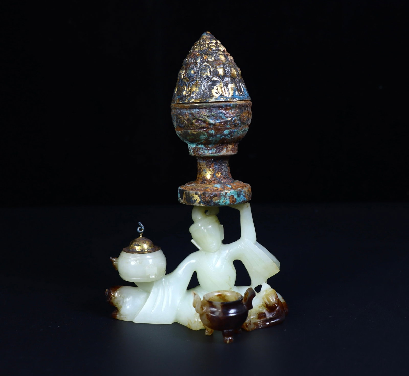 An Exquisite Gilt Silver Inlaid White Jade Figure Censer: An Exquisite Gilt Silver Inlaid White Jade Figure Censer,Qing Dynasty,China,Size:7.7inx4.7inx3.5in,Weight:528g 银鎏金嵌白玉人物香炉,中