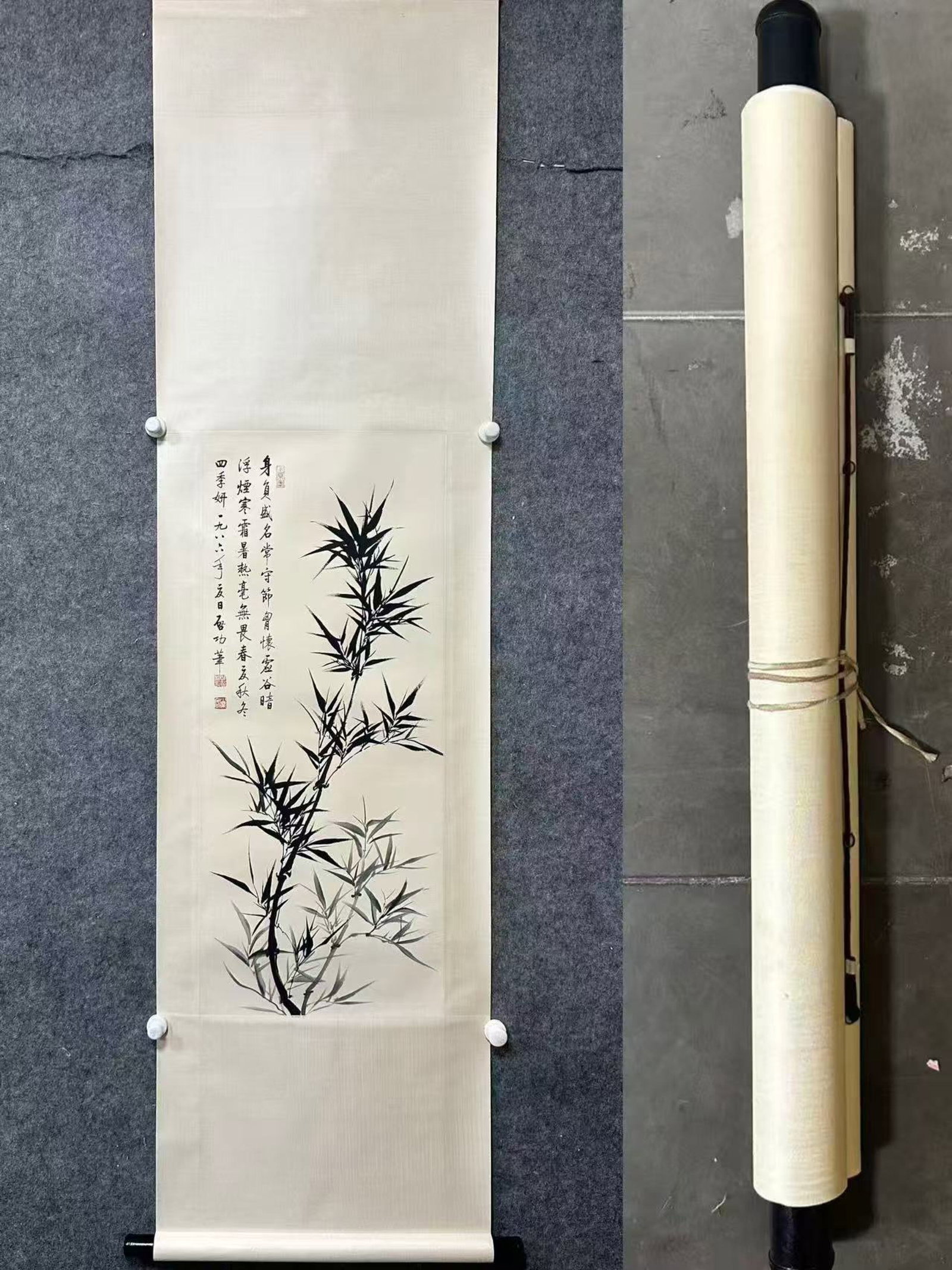 A Chinese Vertical Scroll Ink Painting of Bamboo on Paper: A Chinese Vertical Scroll Ink Painting of Bamboo on Paper,Qi Gong,Size:15.6inx37in 一幅中国水墨竹画立轴,启功
