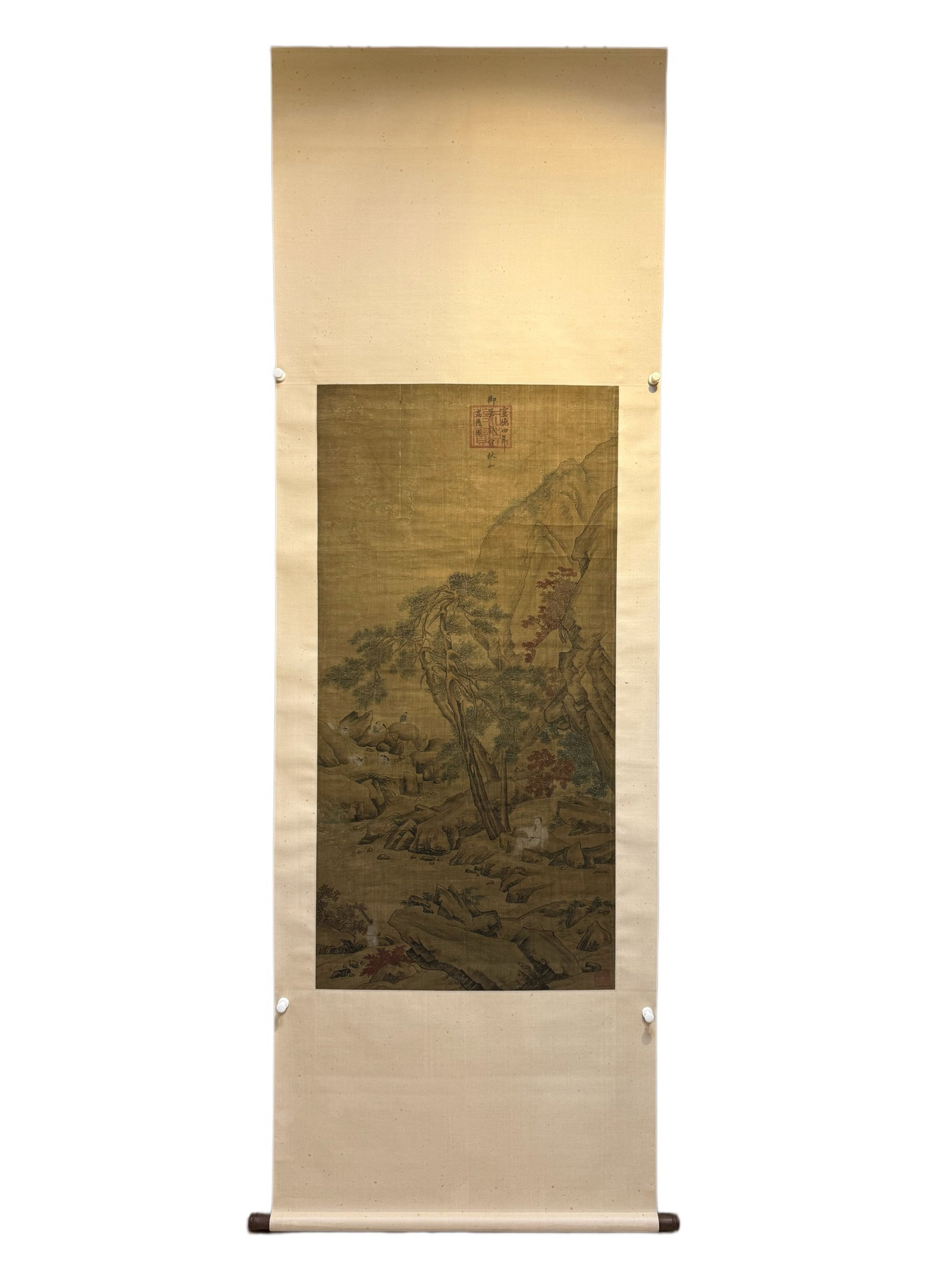 A Chinese Vertical Scroll Ink Painting of Landscape and Figure on Silk: A Chinese Vertical Scroll Ink Painting of Landscape and Figure on Silk,Zhu Zhanji,Size:27.4inx55.1in