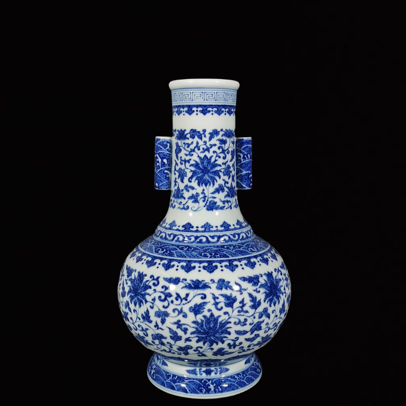 An Exquisite Blue and White Lotus Pattern Double-Ears Vase: An Exquisite Blue and White Lotus Pattern Double-Ears Vase ,Qing Dynasty, China, Qianlong Six-character Mark,Size:11.8inx6.7in