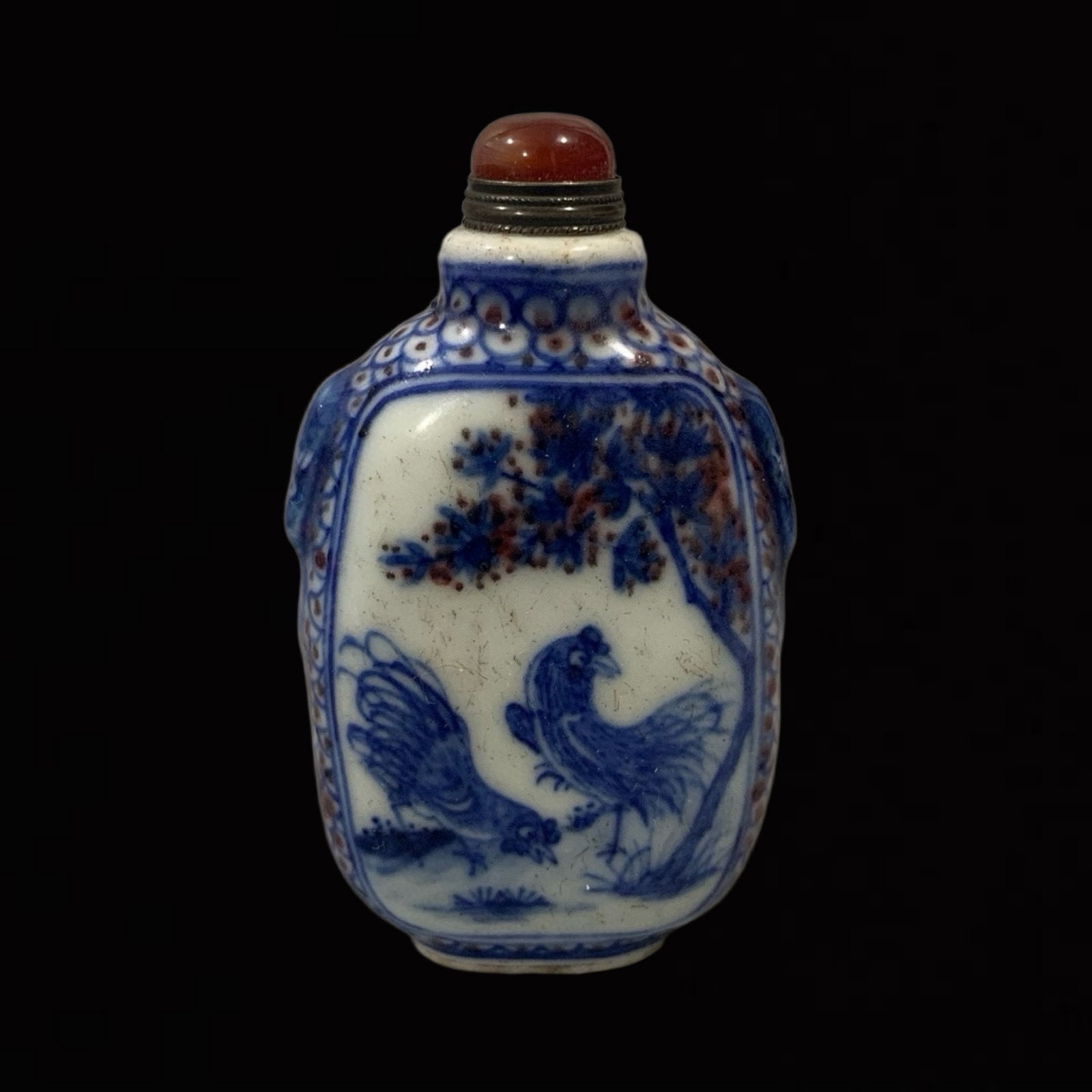 An Exquisite Blue and White Underglaze-Red Flower and Rooster Pattern Snuff Bottle: An Exquisite Blue and White Underglaze-Red Flower and Rooster Pattern Snuff Bottle,Qing Dynasty,China,Size:3inx1.6in 青花釉里红花卉鸡纹鼻