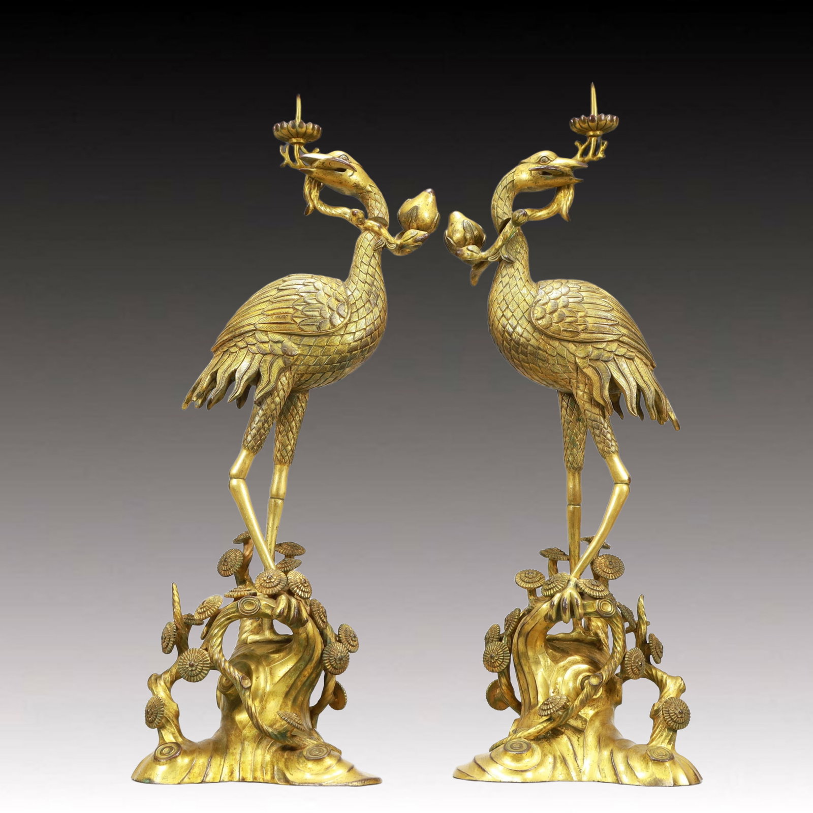 A Pair of Rare Gilt Bronze Crane Candlesticks: A Pair of Rare Gilt Bronze Crane Candlesticks,Ming Dynasty, China,Size:14.2inx5.5inx24in,Weight:14900g 一对铜鎏金仙鹤烛台,中国明