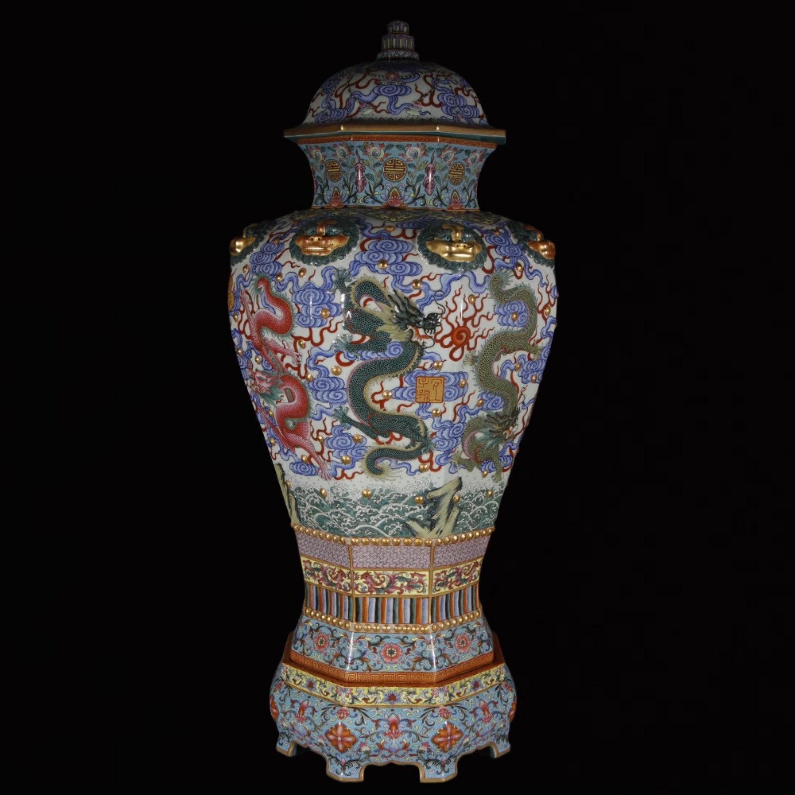 An Exquisite Enamel Auspicious Cloud and Dragon Pattern Jar with Cover: An Exquisite Enamel Auspicious Cloud and Dragon Pattern Jar with Cover,Qing Dynasty,China,Qianlong Four-character Mark,Size:33.5inx10.2in 珐琅彩祥云龙纹௢