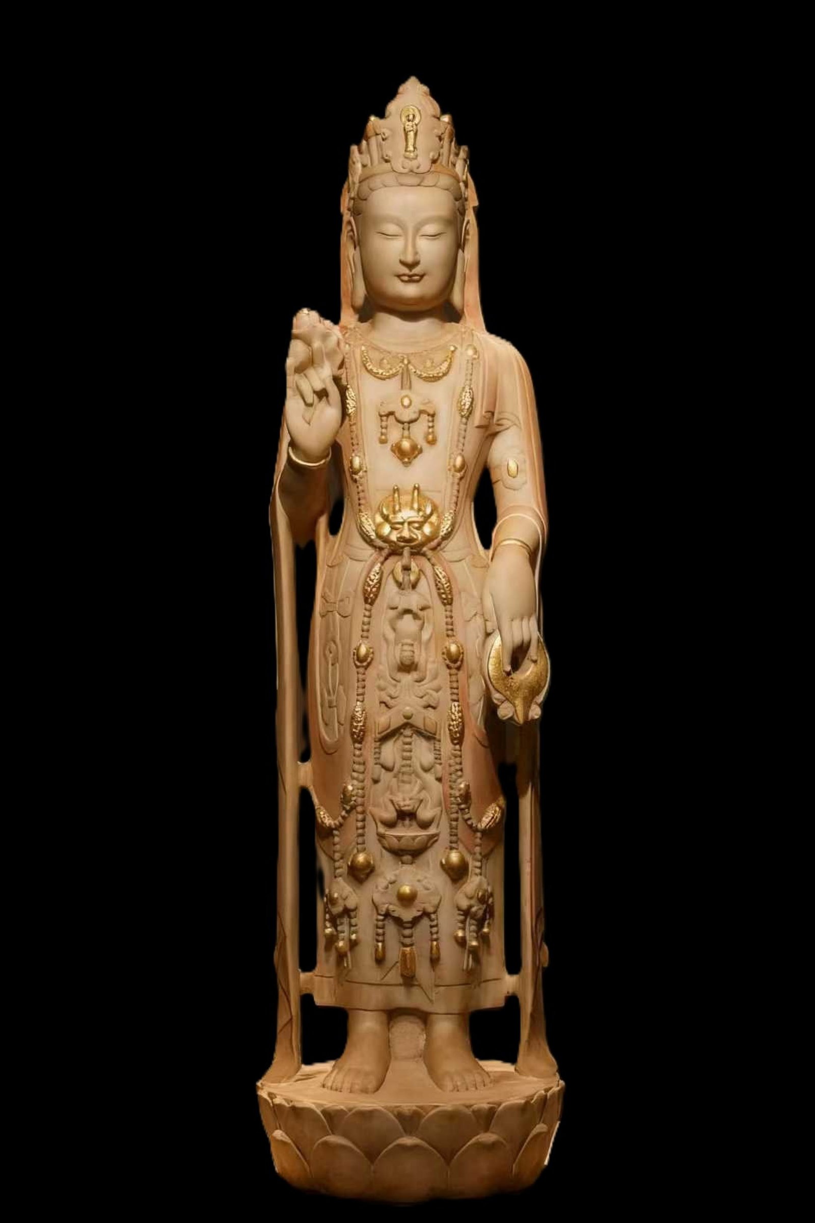 A Solemn Marble Painted Color Statue of Avalokitesvara: A Solemn Marble Painted Color Statue of Avalokitesvara,N.Qi,China,Size:39.4inx11inx9.8in 汉白玉彩绘观音像,中国北齐时੏