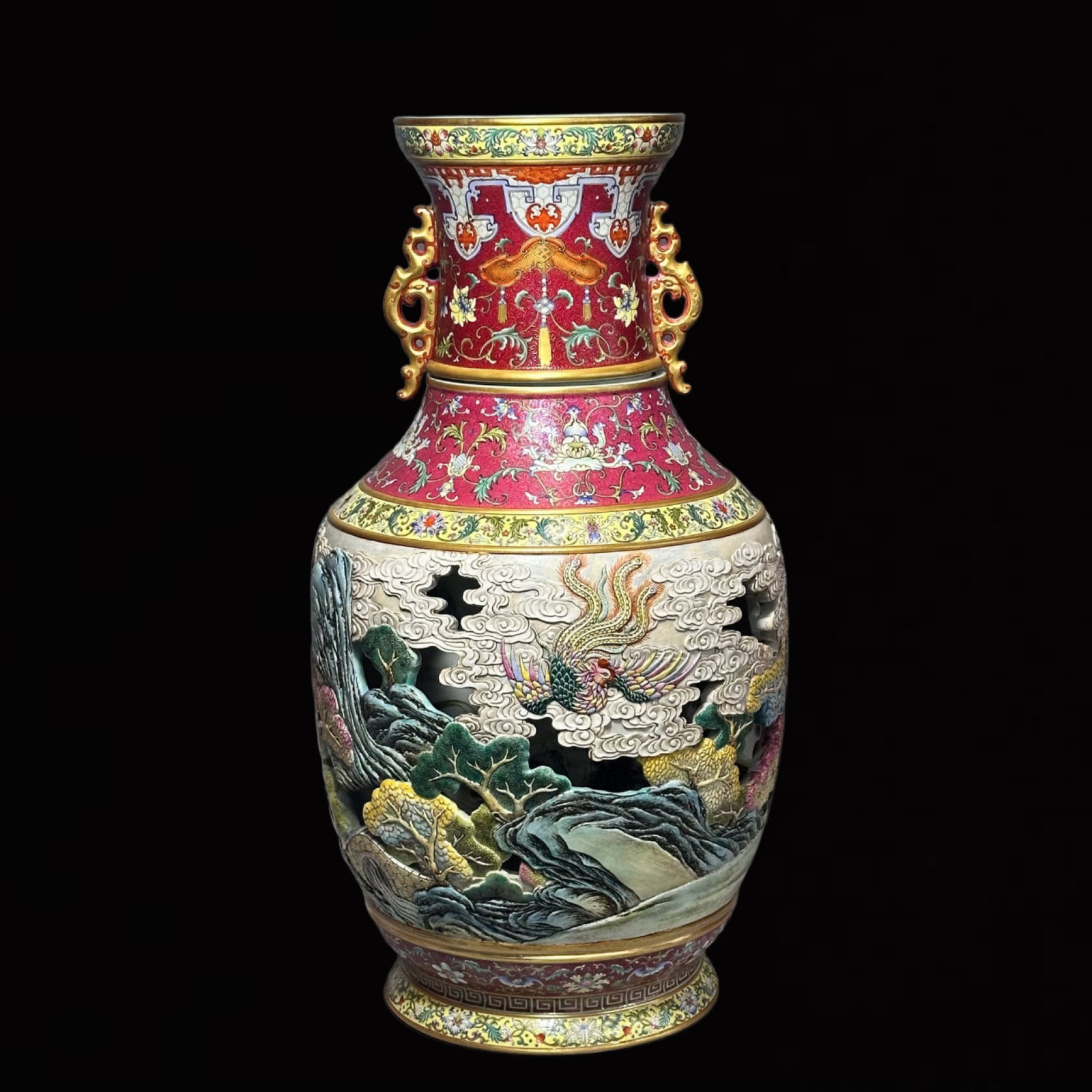 An Exquisite Famille-Rose Flower and Phoenix Pattern Double-Ears Vase: An Exquisite Famille-Rose Flower and Phoenix Pattern Double-Ears Vase,Qing Dynasty,China,Qianlong Four-Character Mark,Size:24.6in